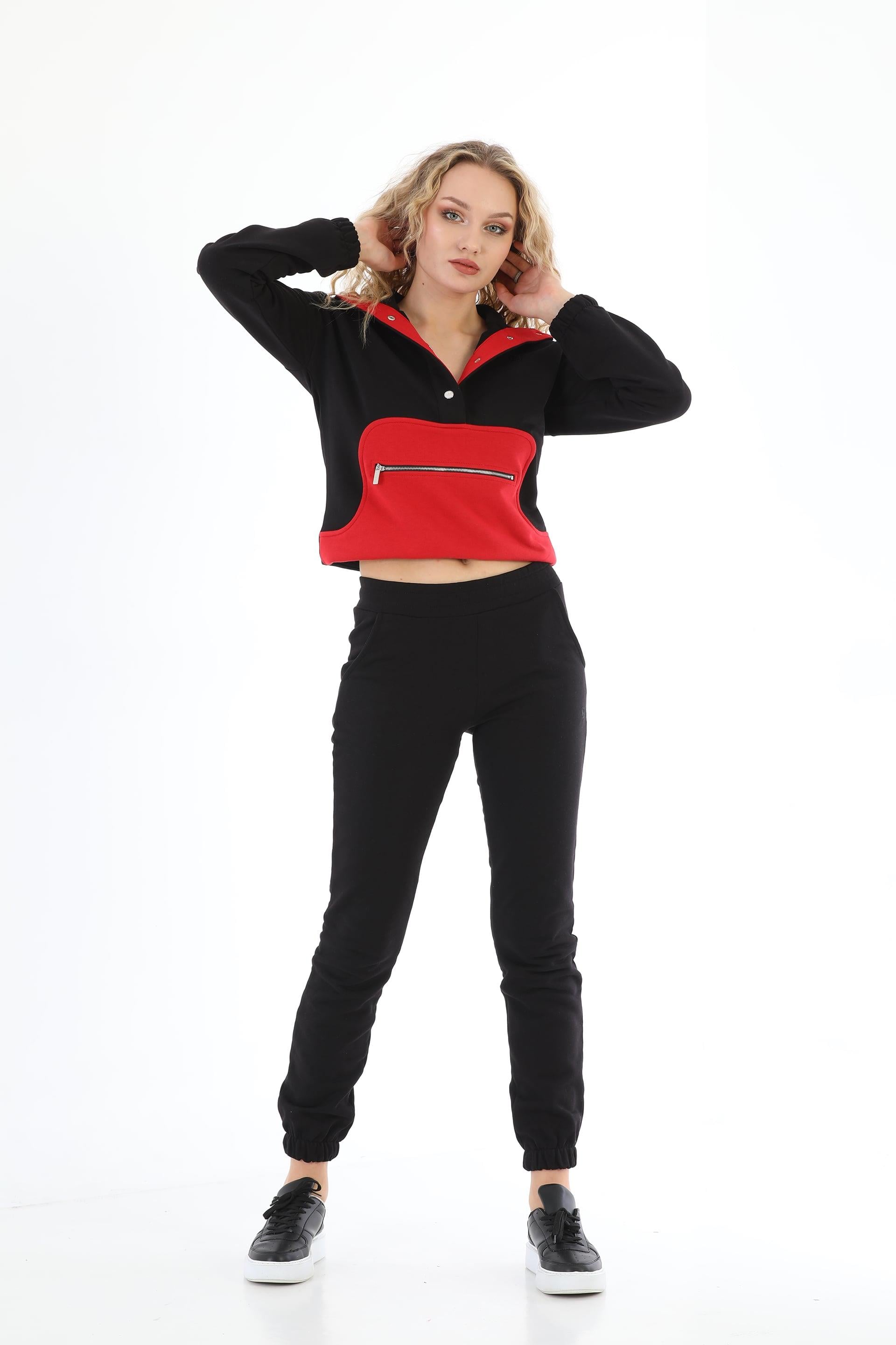 Edelle Dik Yaka Çıt Çıtlı Siyah_Kırmızı Sweatshirt Eşofman Takımı