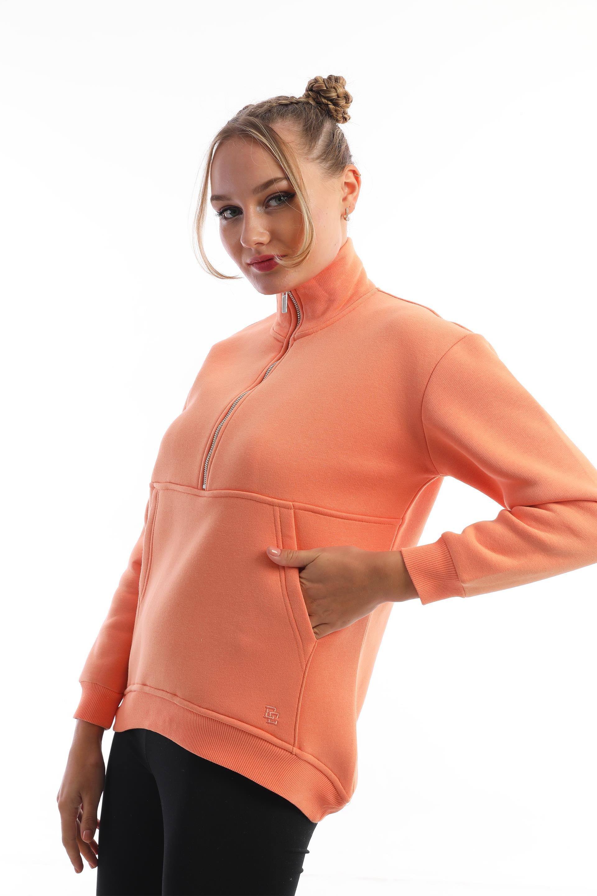 Edelle Fermuarlı Dik Yaka Somon Kadın Sweatshirt