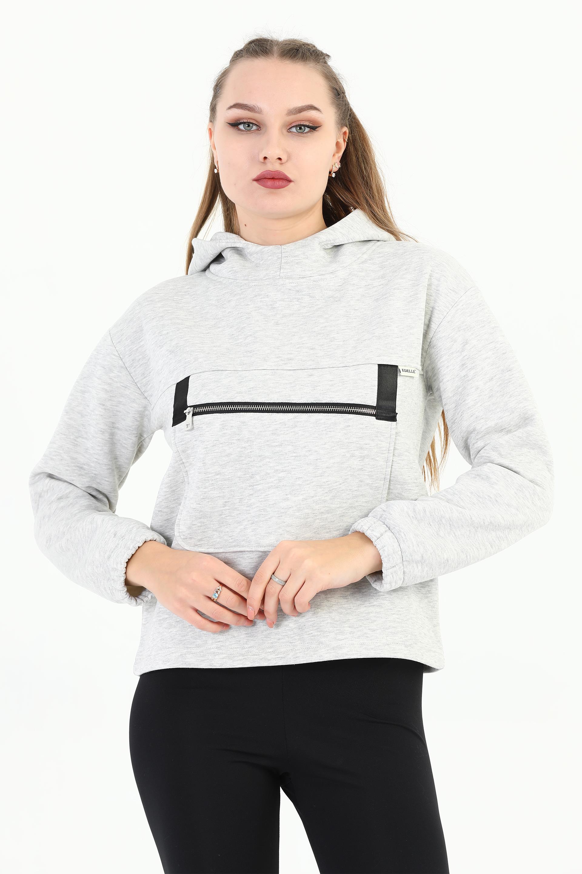 Edelle Gri melanj Kapüşonlu Kanguru Cepli Regular Fit Kadın Sweatshirt