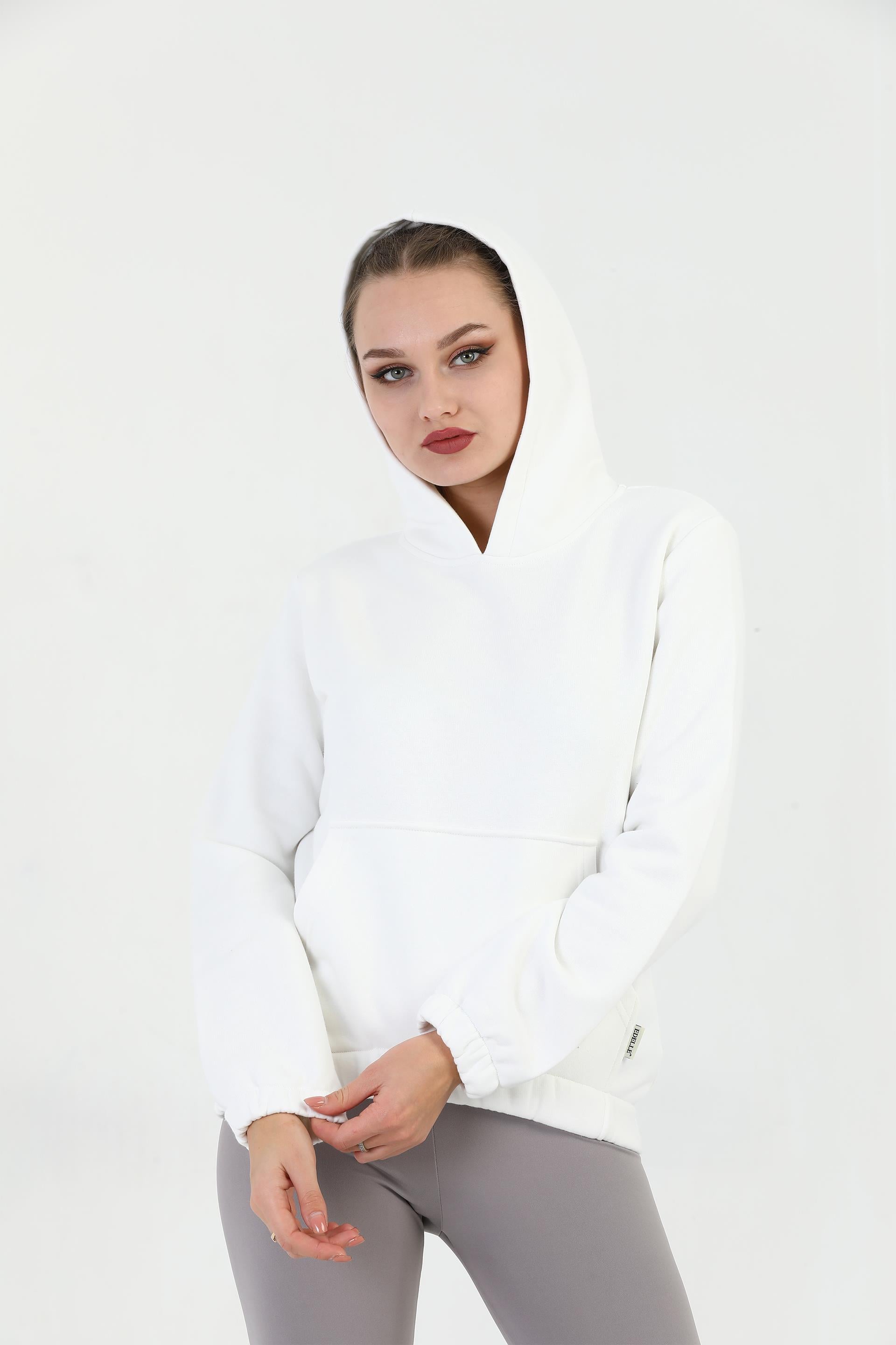 Edelle Kapüşonlu Kanguru Cepli Basic Beyaz Kadın Sweatshirt