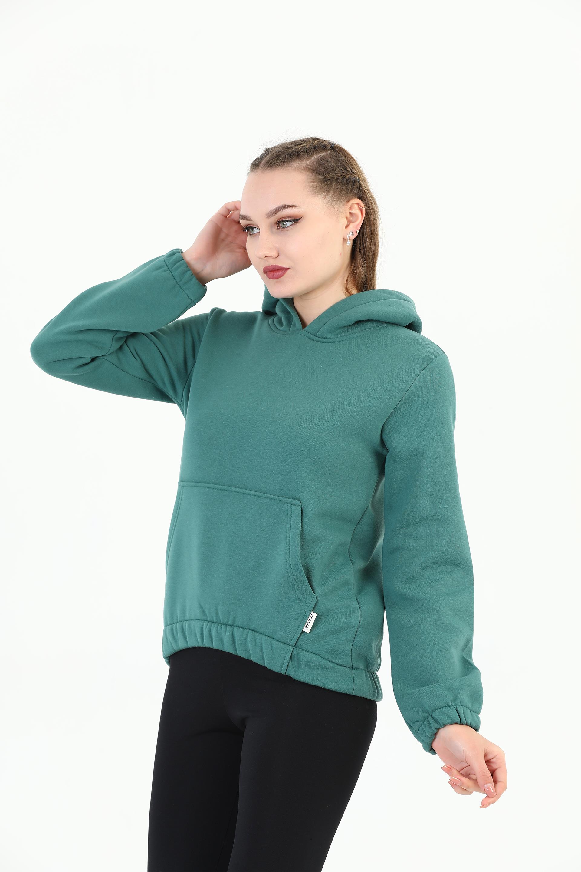 Edelle Kapüşonlu Kanguru Cepli Basic Deniz Yeşili Kadın Sweatshirt