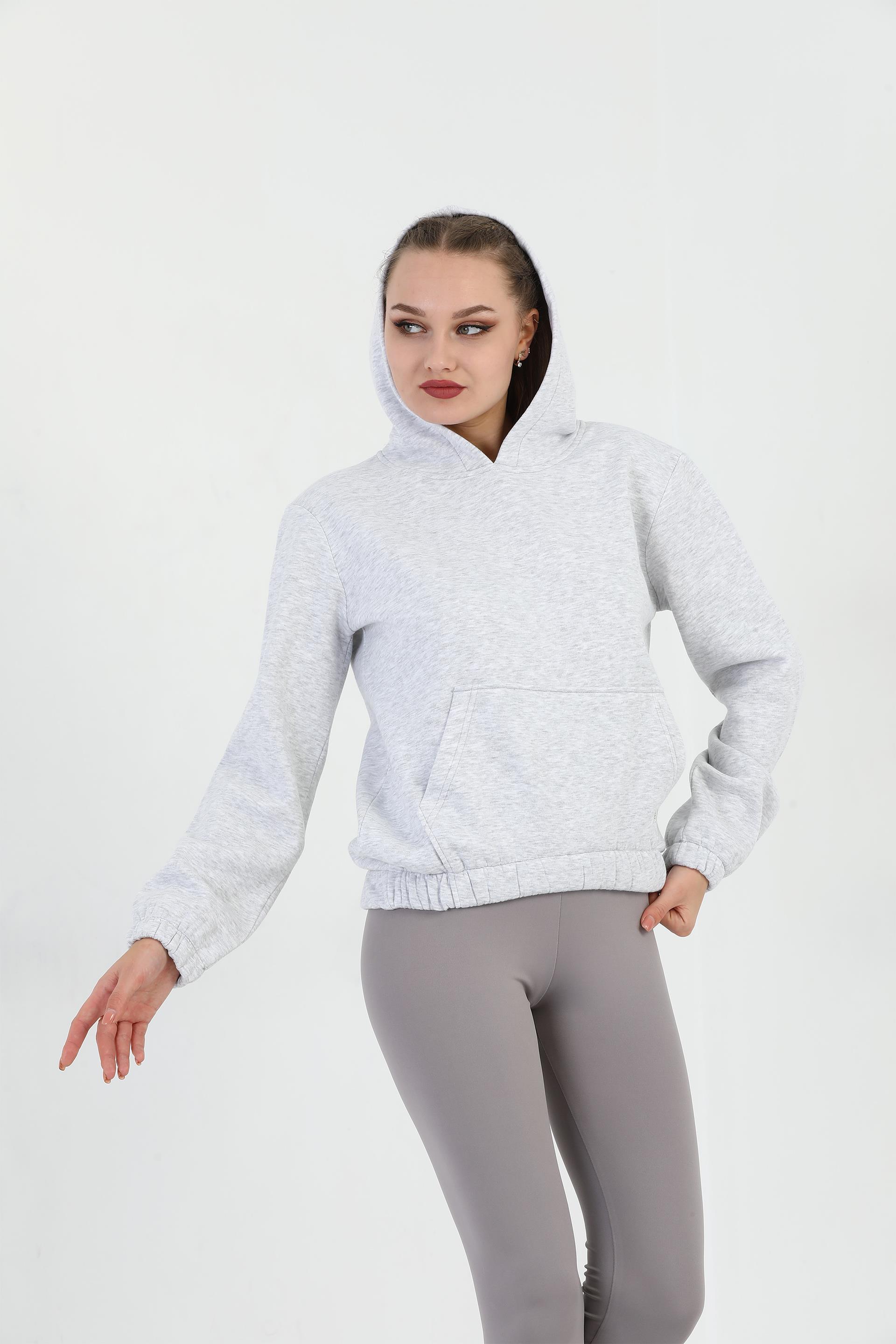Edelle Kapüşonlu Kanguru Cepli Basic Gri Melanj Kadın Sweatshirt