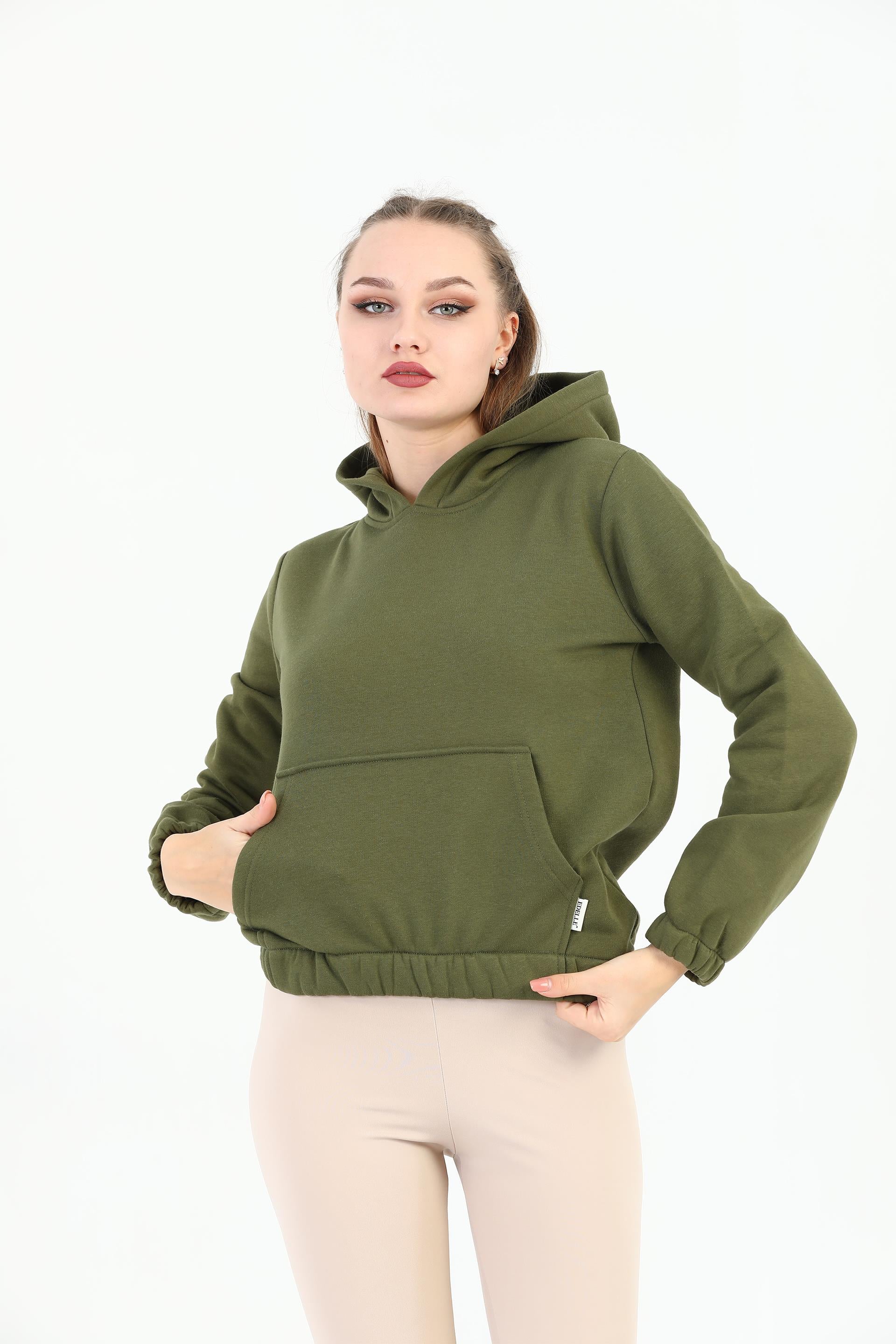 Edelle Kapüşonlu Kanguru Cepli Basic Haki Kadın Sweatshirt