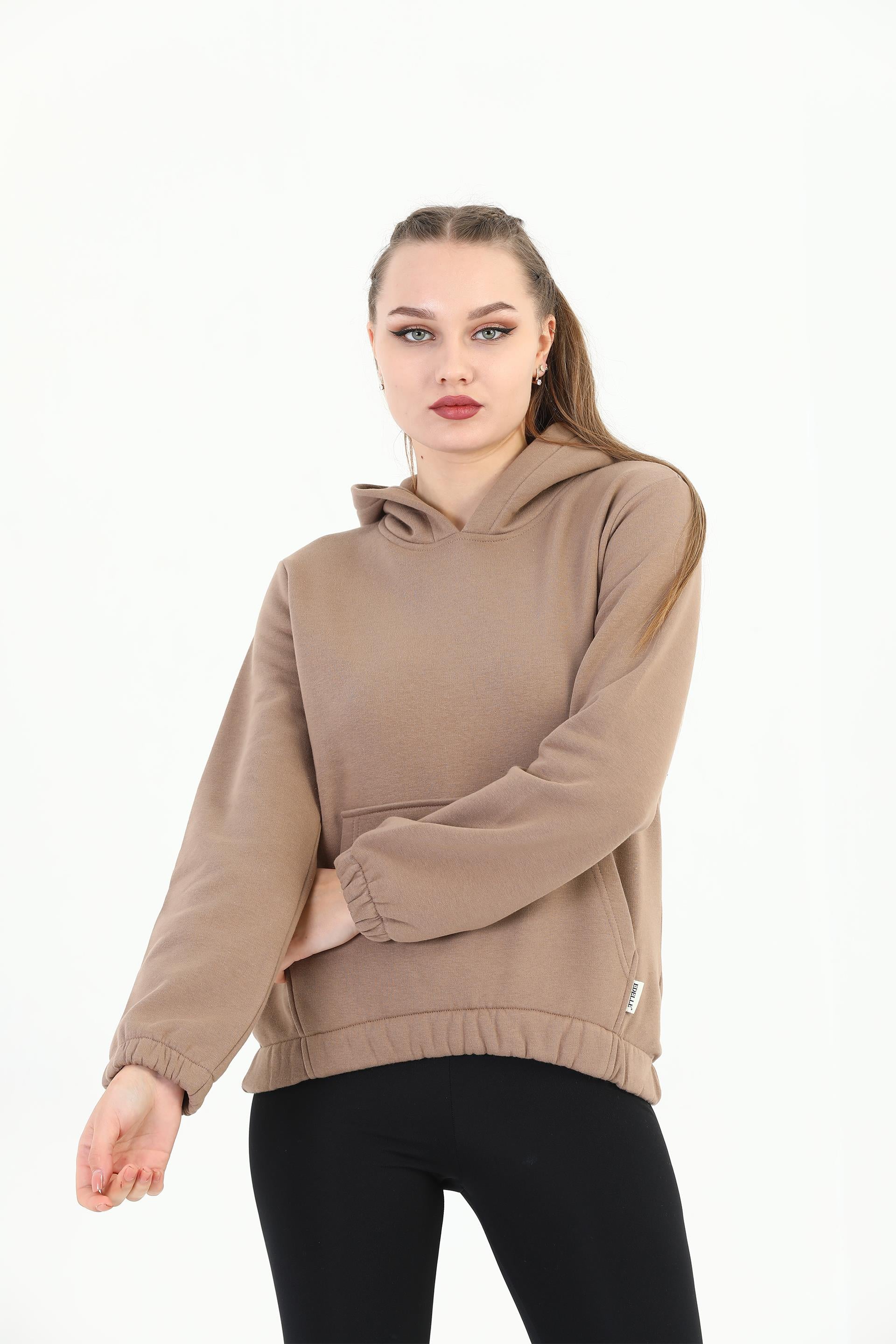 Edelle Kapüşonlu Kanguru Cepli Basic Kahve Kadın Sweatshirt