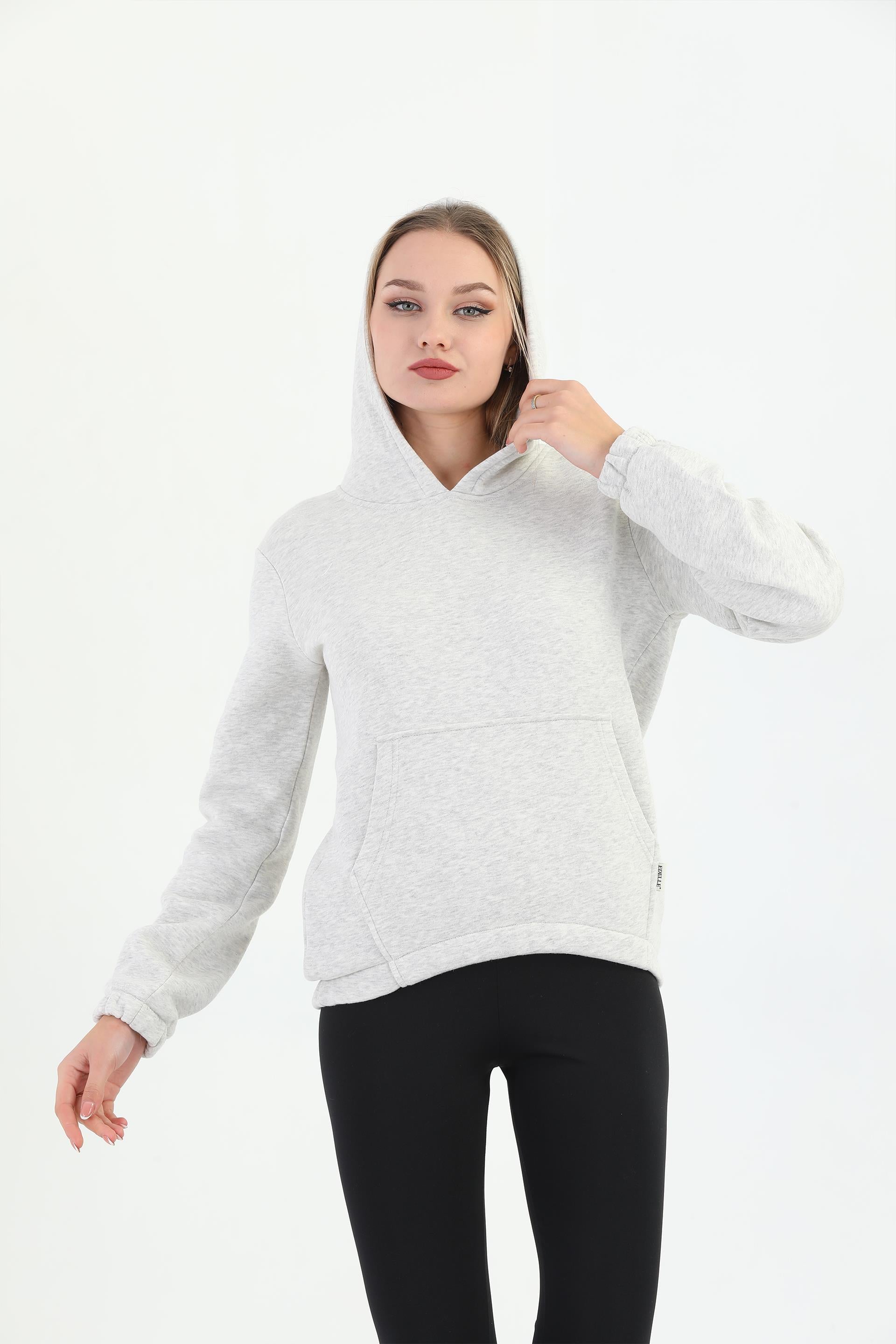 Edelle Kapüşonlu Kanguru Cepli Basic Kar Melanj Kadın Sweatshirt