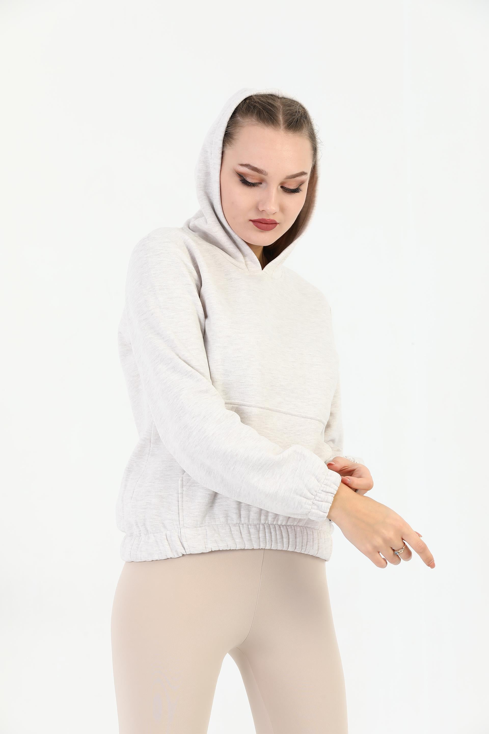 Edelle Kapüşonlu Kanguru Cepli Basic Kahve Melanj Kadın Sweatshirt