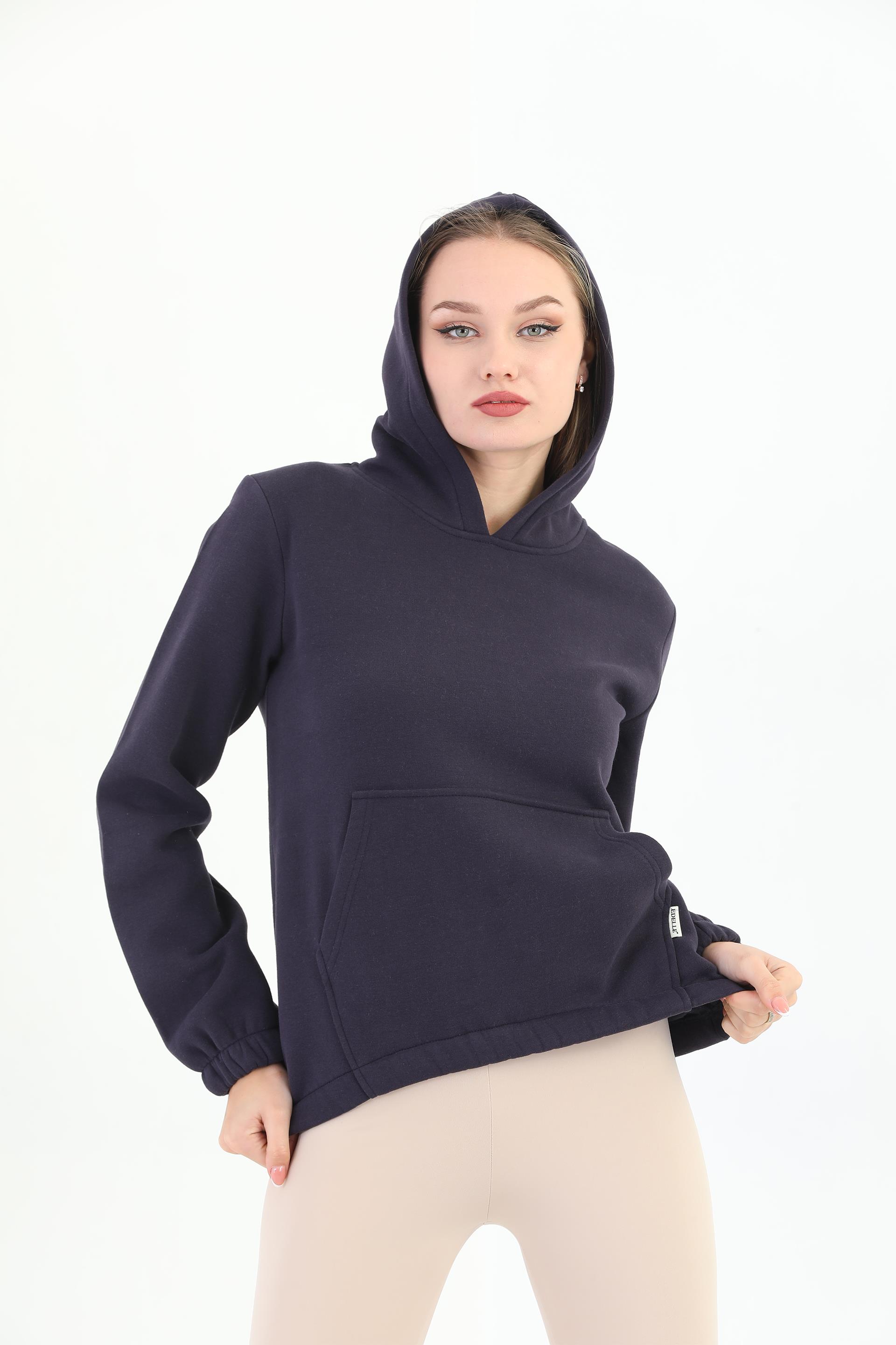 Edelle Kapüşonlu Kanguru Cepli Basic Patlıcan Kadın Sweatshirt