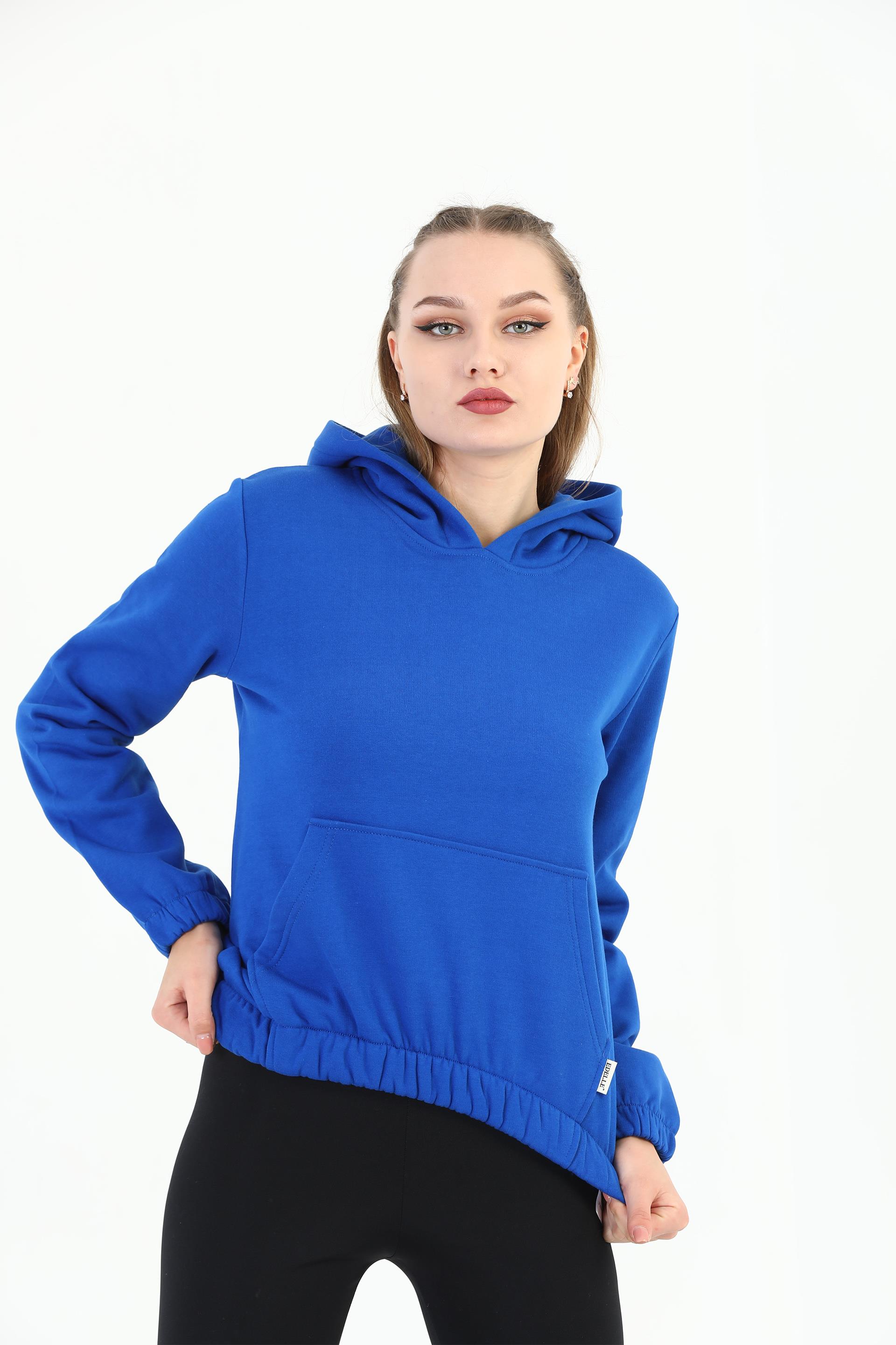 Edelle Kapüşonlu Kanguru Cepli Basic Saks Mavisi Kadın Sweatshirt