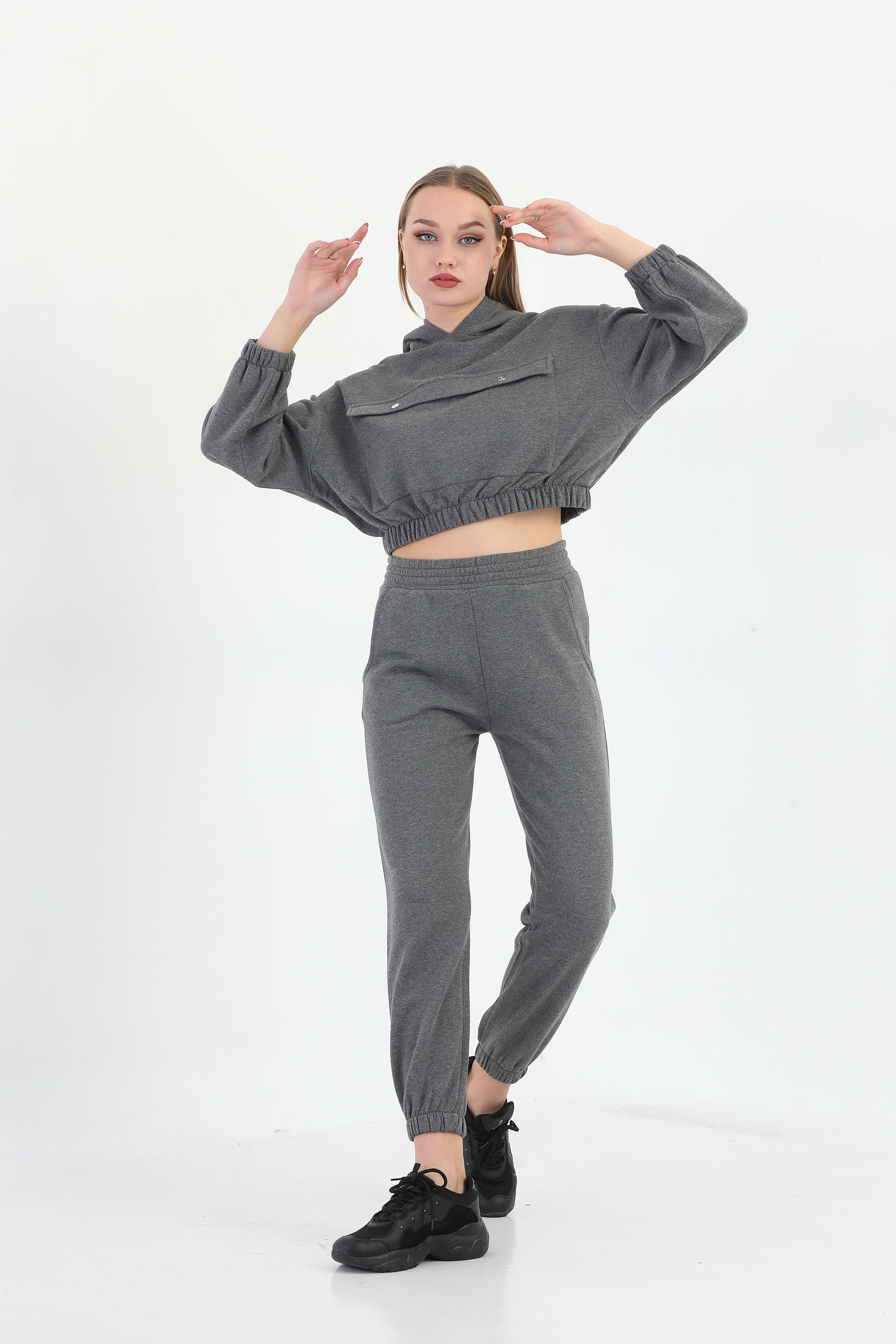 Edelle Kapüşonlu Sweatshirt Antrasit Melanj Eşofman Takımı