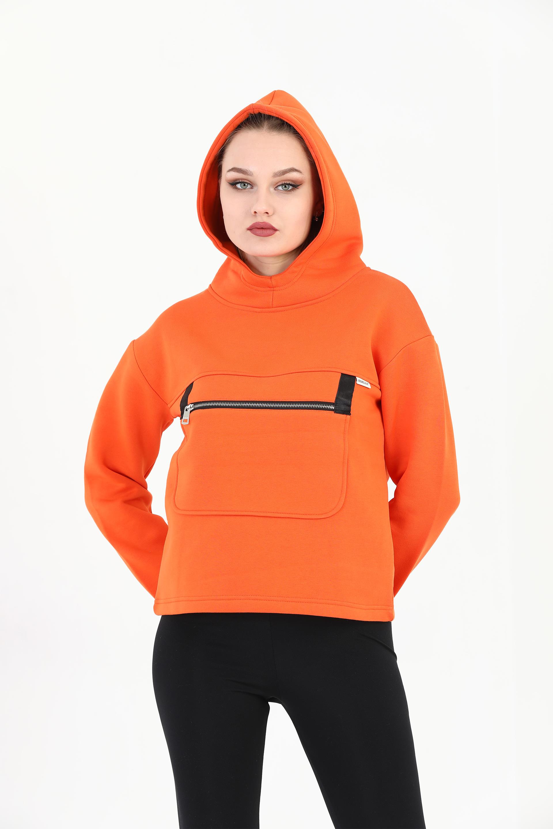 Edelle Kiremit Kapüşonlu Kanguru Cepli Regular Fit Kadın Sweatshirt