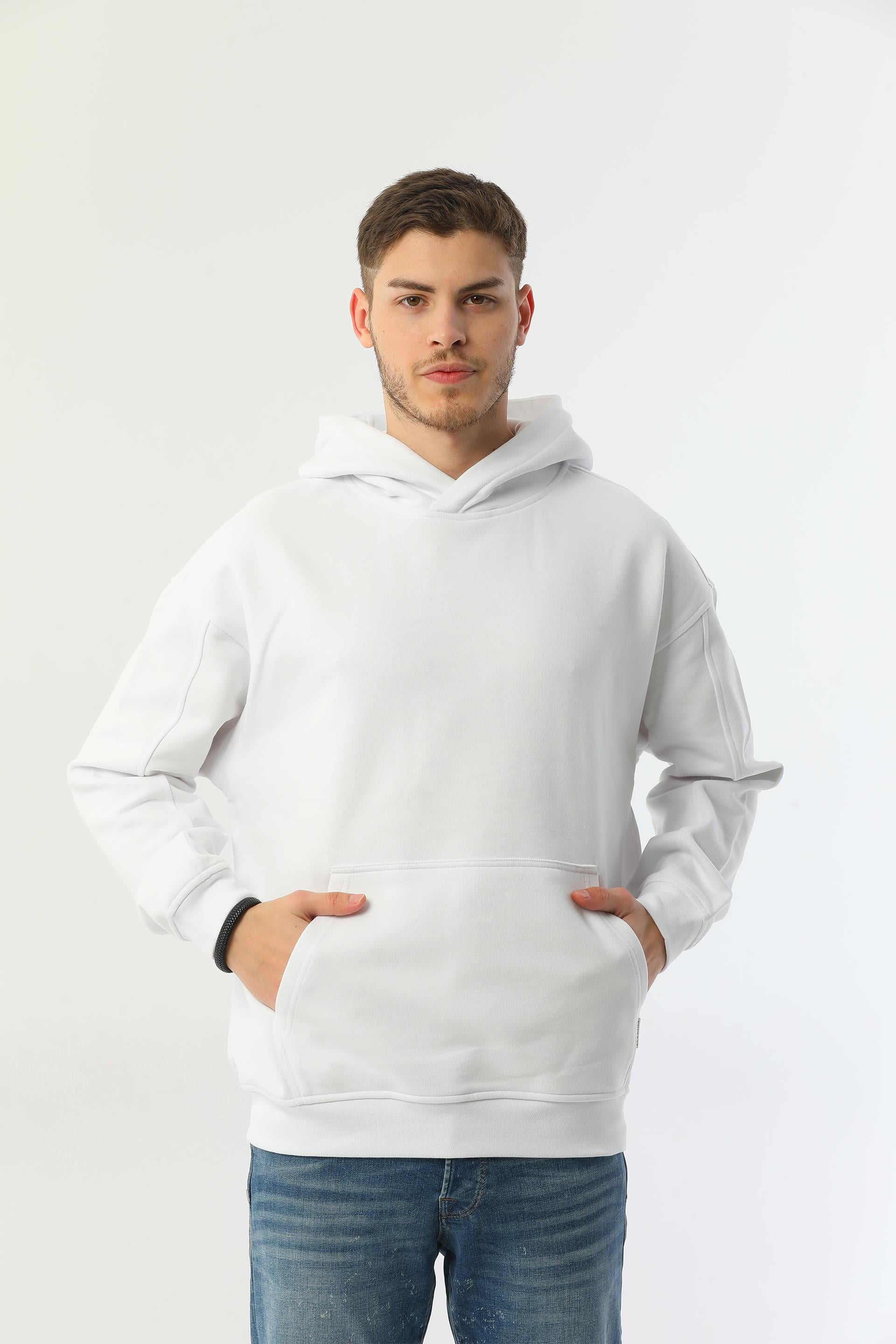 Edelle Organik Kanguru Cepli Kapüşonlu Beyaz Erkek Sweatshirt