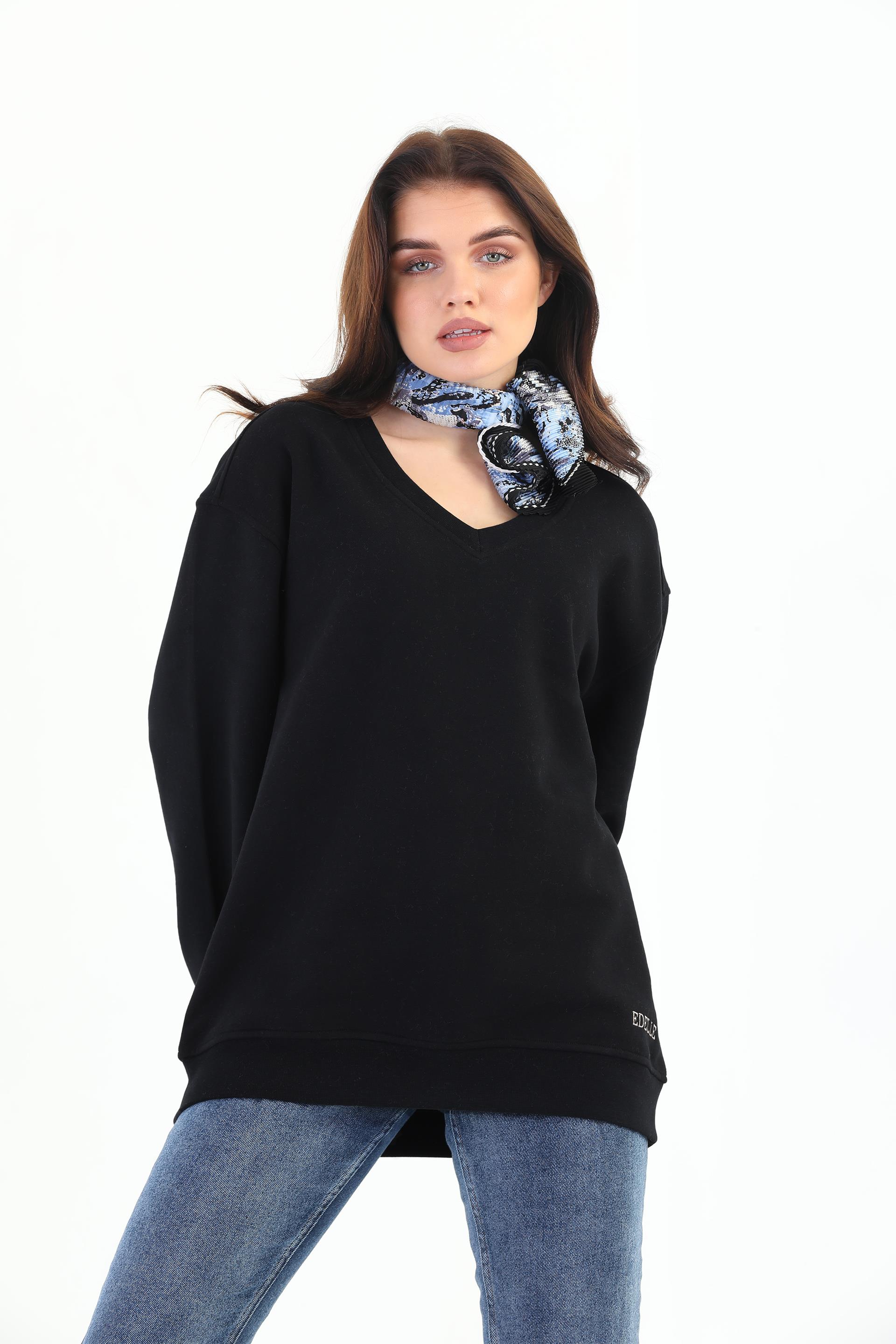 Edelle Siyah Organik Kadın Sweatshirt Oversize V-Yaka