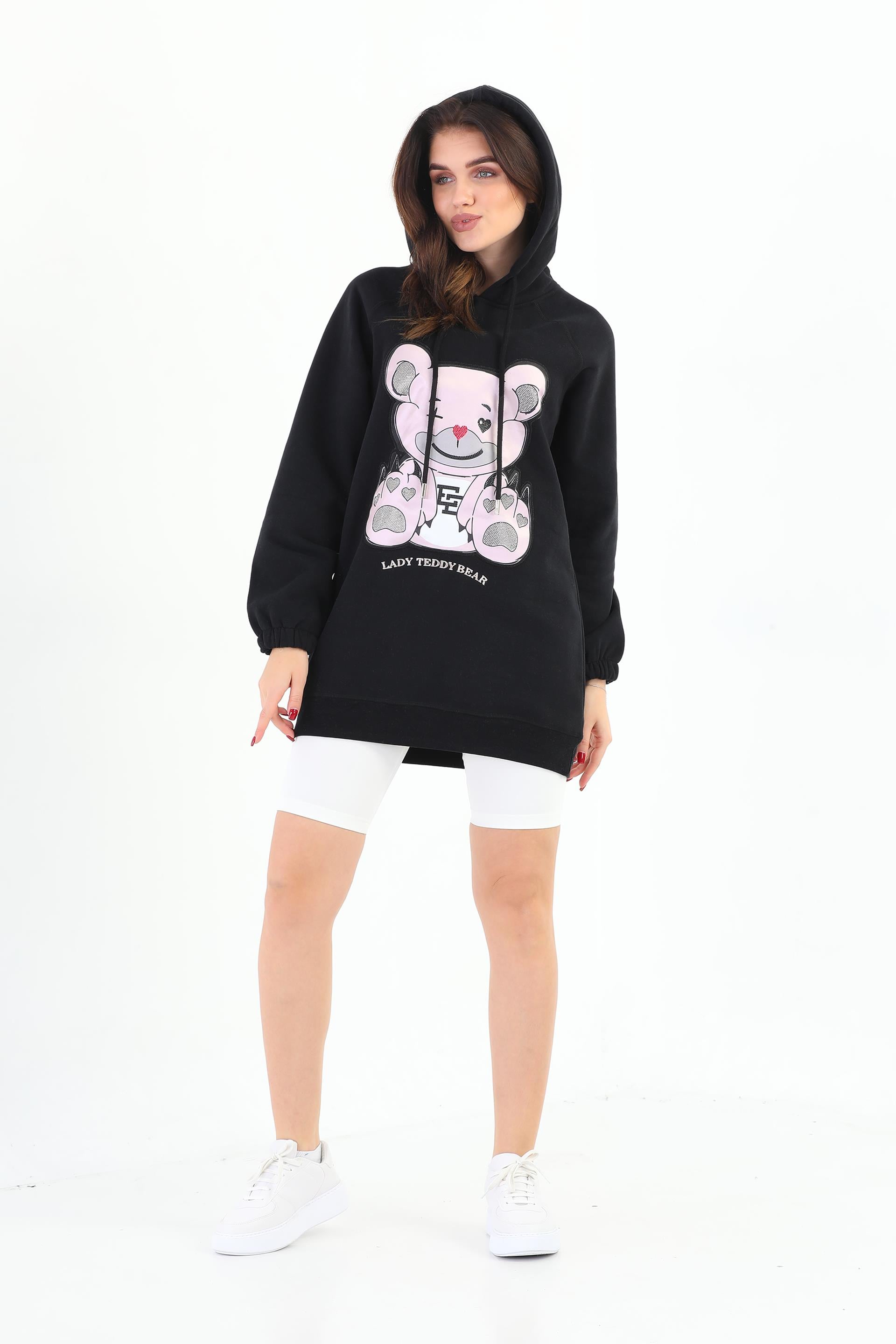 Edelle Siyah Organik Lady Teddy Bear Desenli Kapüşonlu Kadın Sweatshirt