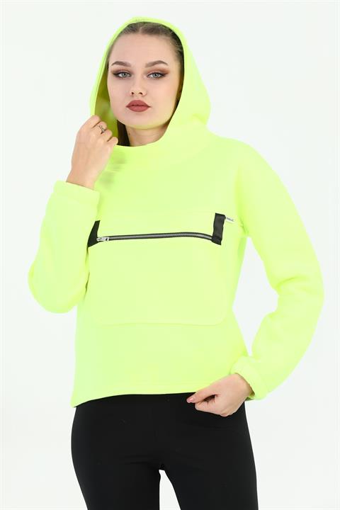 Edelle Neon sarı Kapüşonlu Kanguru Cepli Regular Fit Kadın Sweatshirt