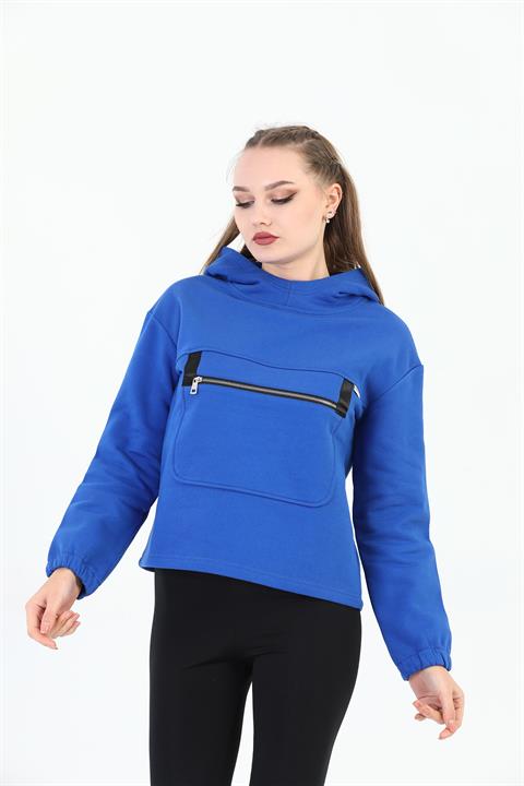 Edelle Saks mavisi Kapüşonlu Kanguru Cepli Regular Fit Kadın Sweatshirt