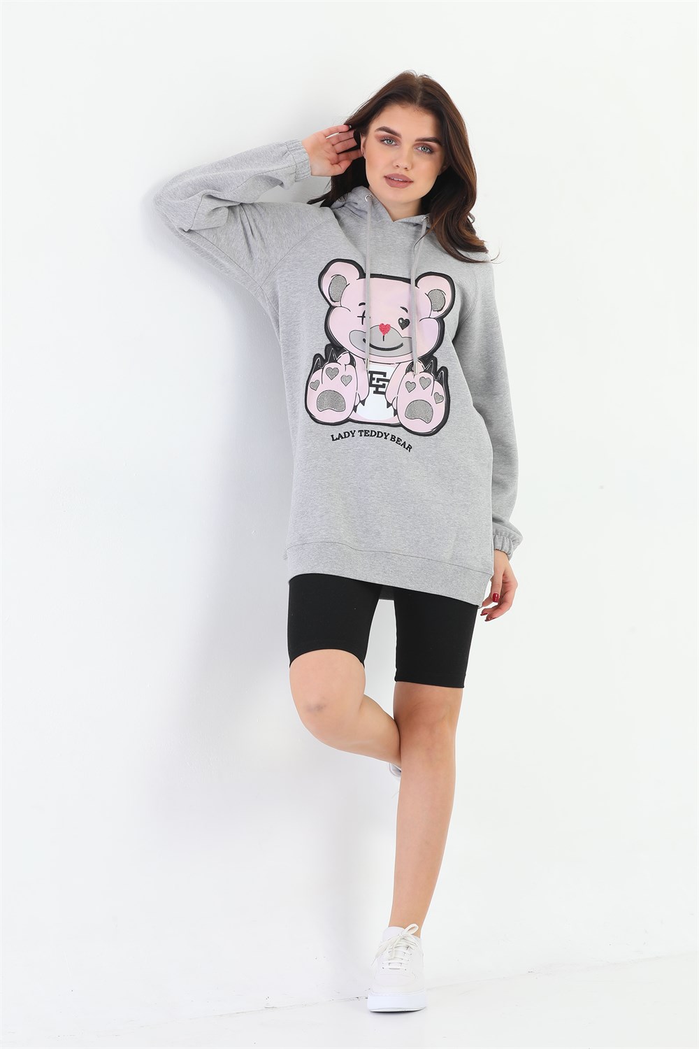 %100 Organik Pamuk Lady Teddy Bear Kapüşonlu Sweatshirt