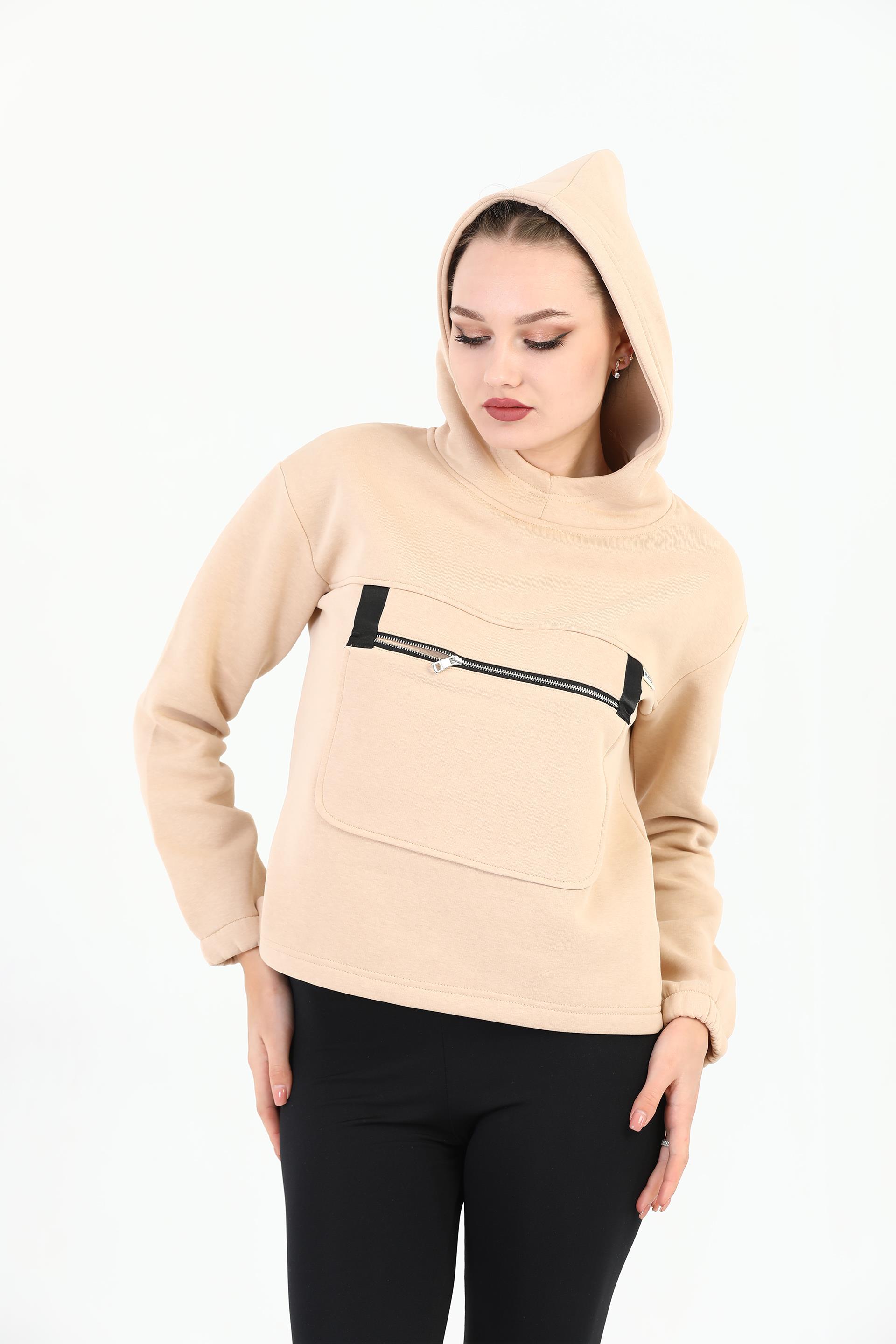 Edelle Bej Kapüşonlu Kanguru Cepli Regular Fit Kadın Sweatshirt