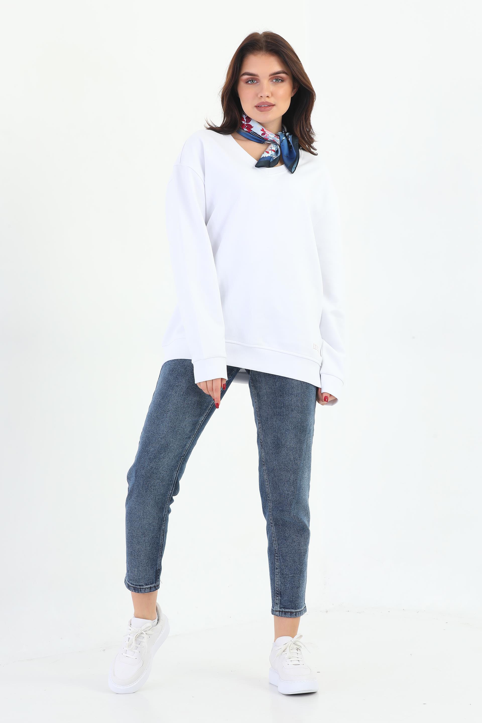 Edelle Beyaz Organik Kadın Sweatshirt Oversize V-Yaka