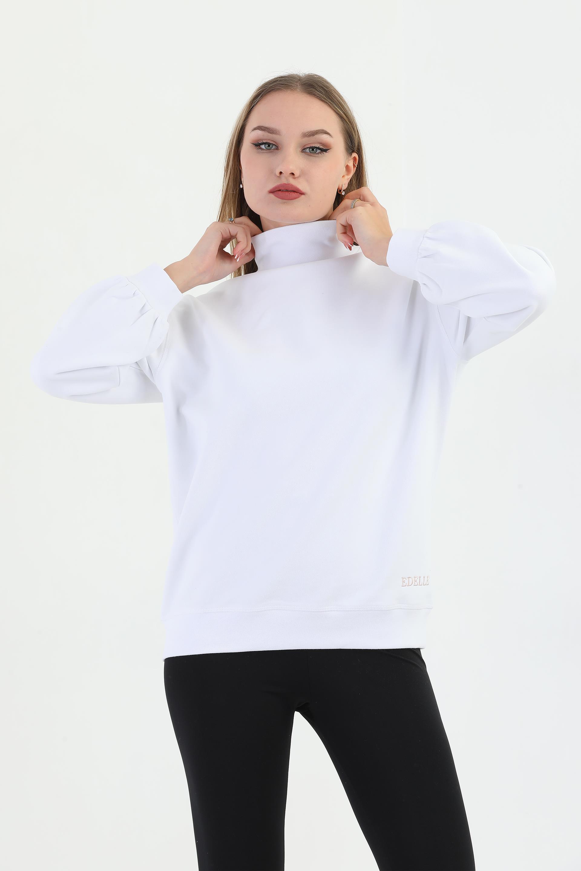 Edelle Beyaz Organik Kadın Sweatshirt Balıkçı Yaka