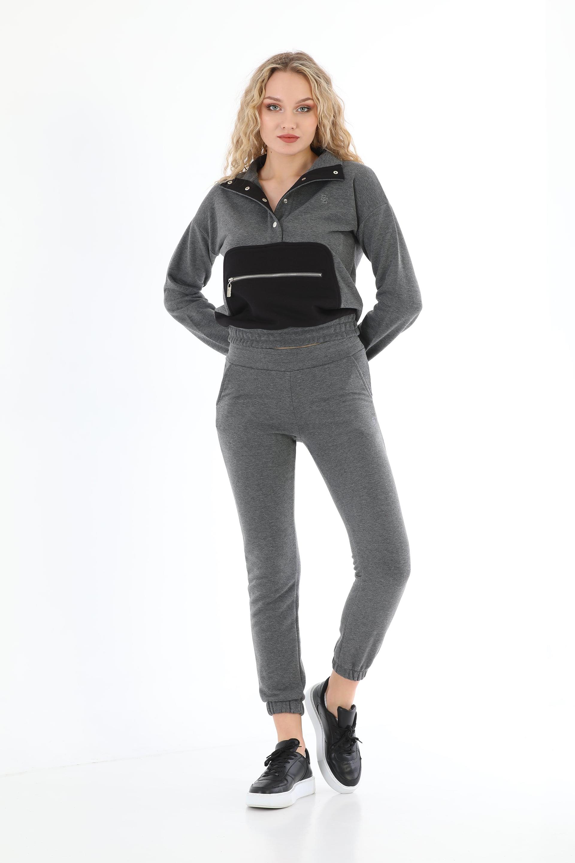 Edelle Dik Yaka Çıt Çıtlı Antrasit_Siyah Sweatshirt Eşofman Takımı