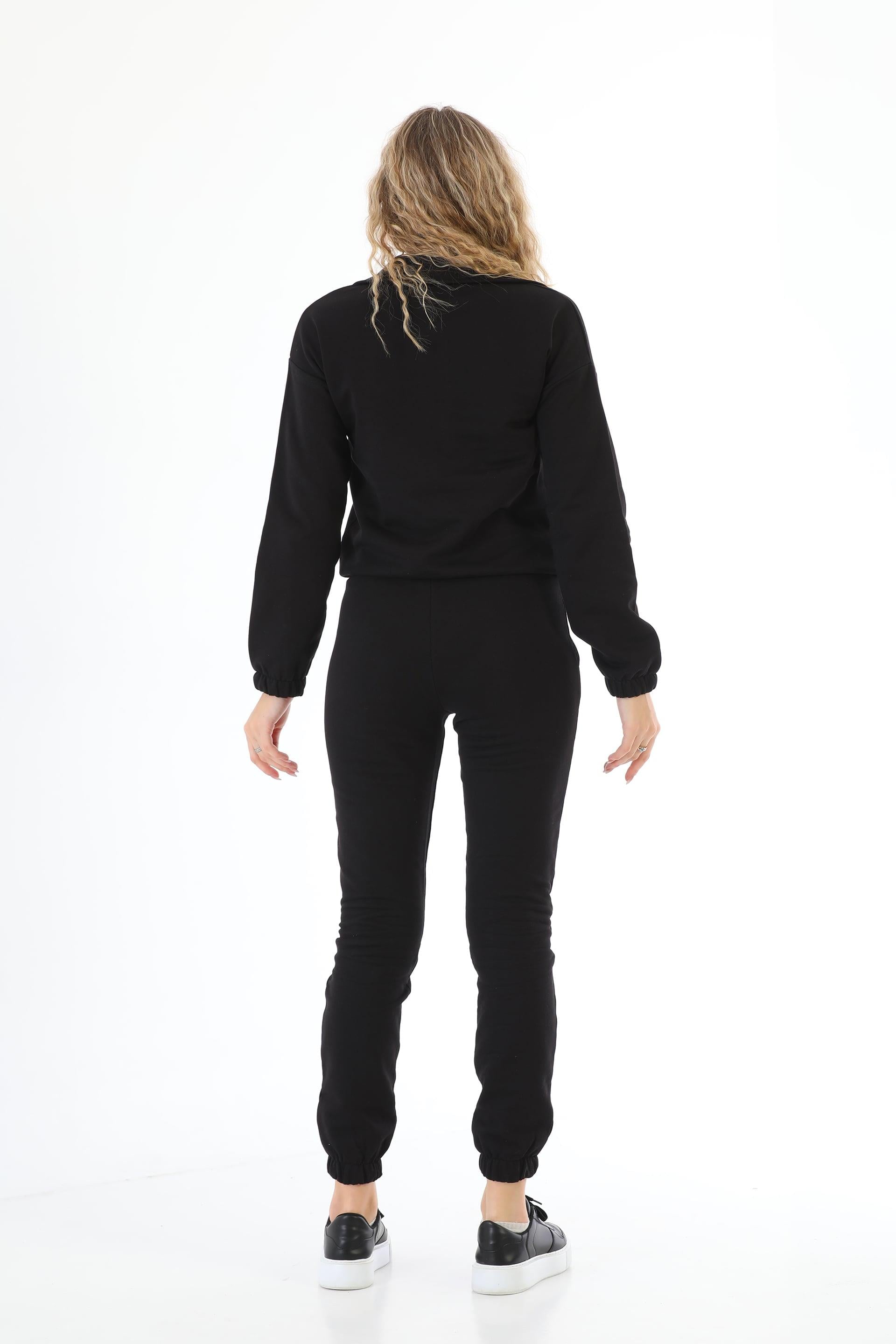 Edelle Dik Yaka Çıt Çıtlı Siyah_Kırmızı Sweatshirt Eşofman Takımı