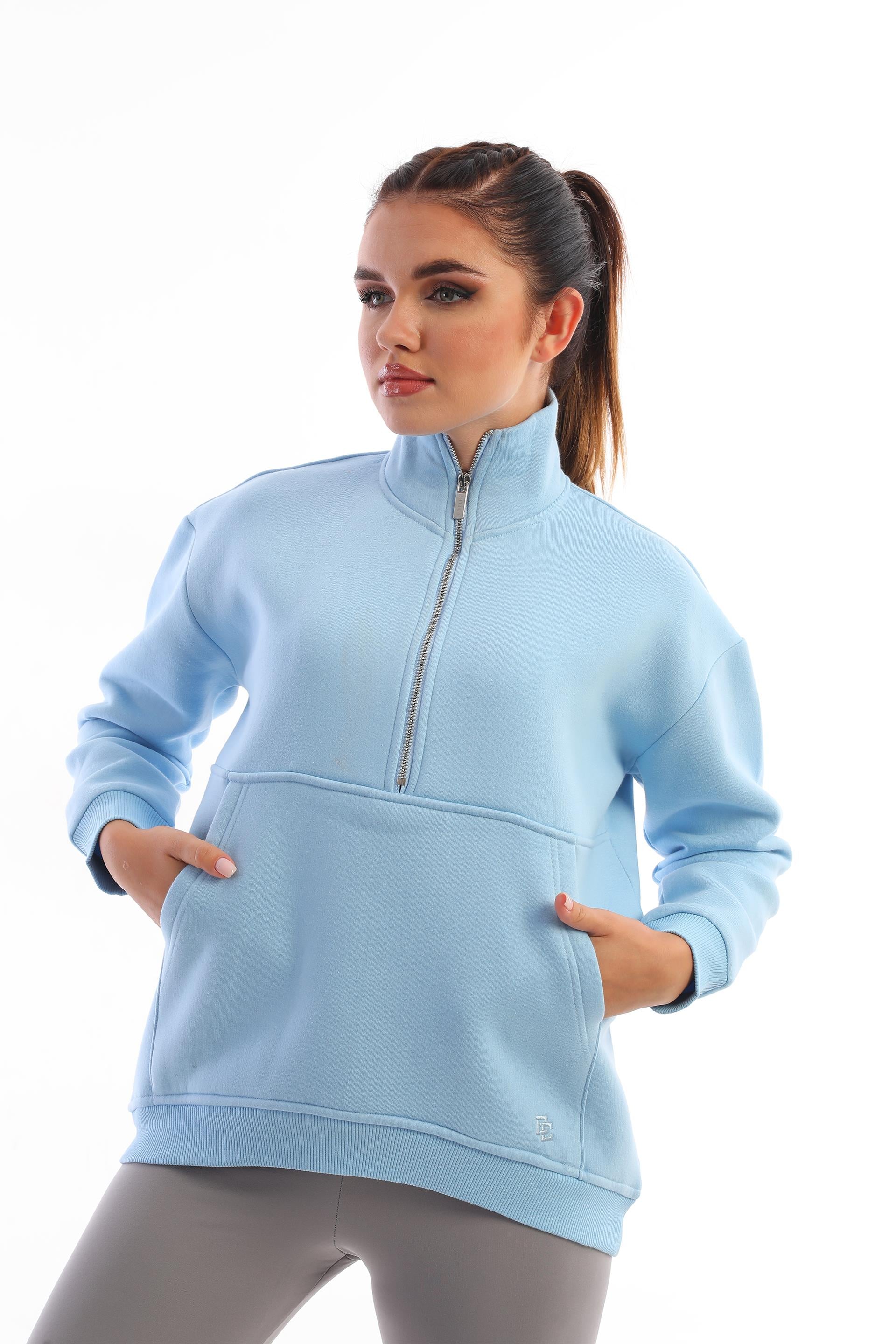 Edelle Fermuarlı Dik Yaka Bebe Mavisi Kadın Sweatshirt