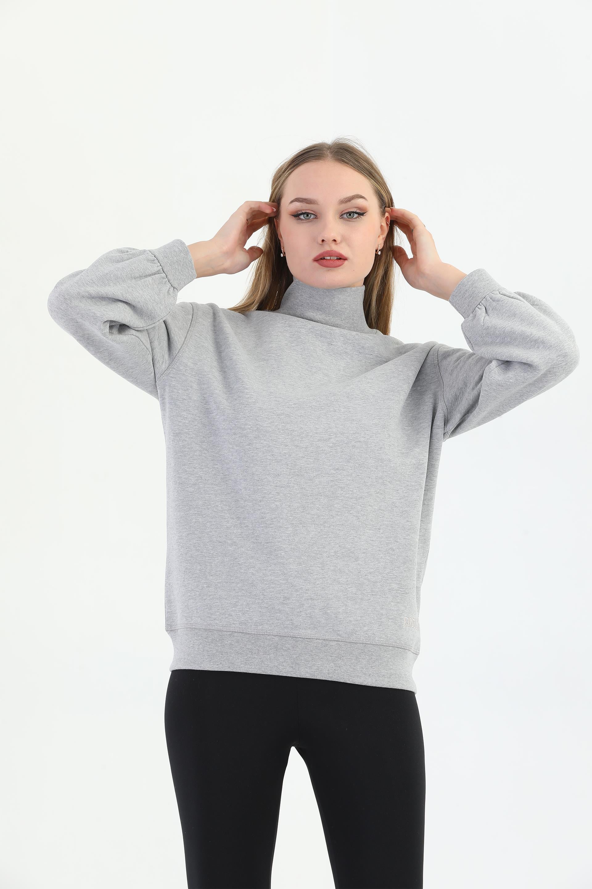 Edelle Gri Melanj Organik Kadın Sweatshirt Balıkçı Yaka