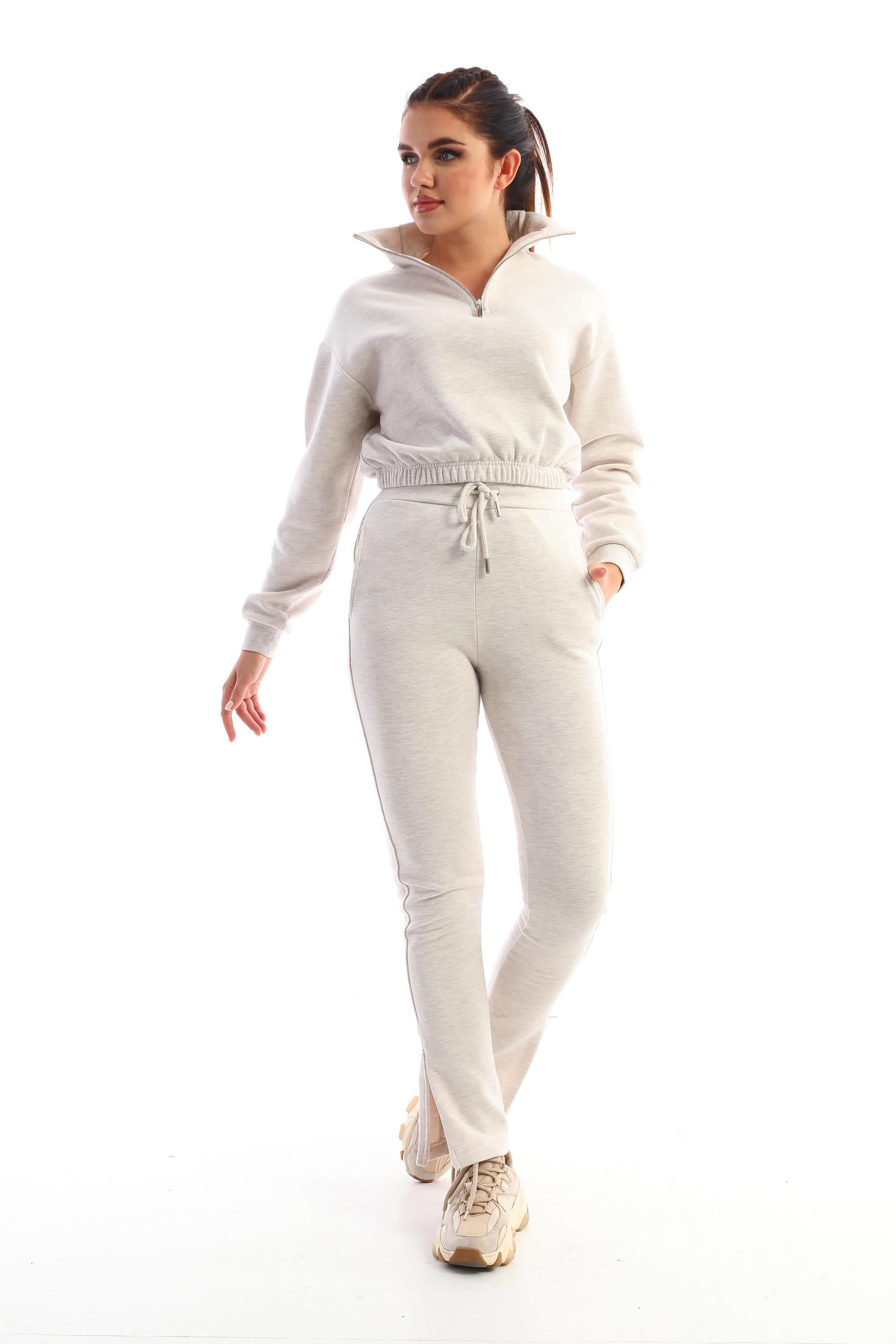 Edelle Kahve melanj Dik Yaka Crop Sweatshirt Eşofman Takım