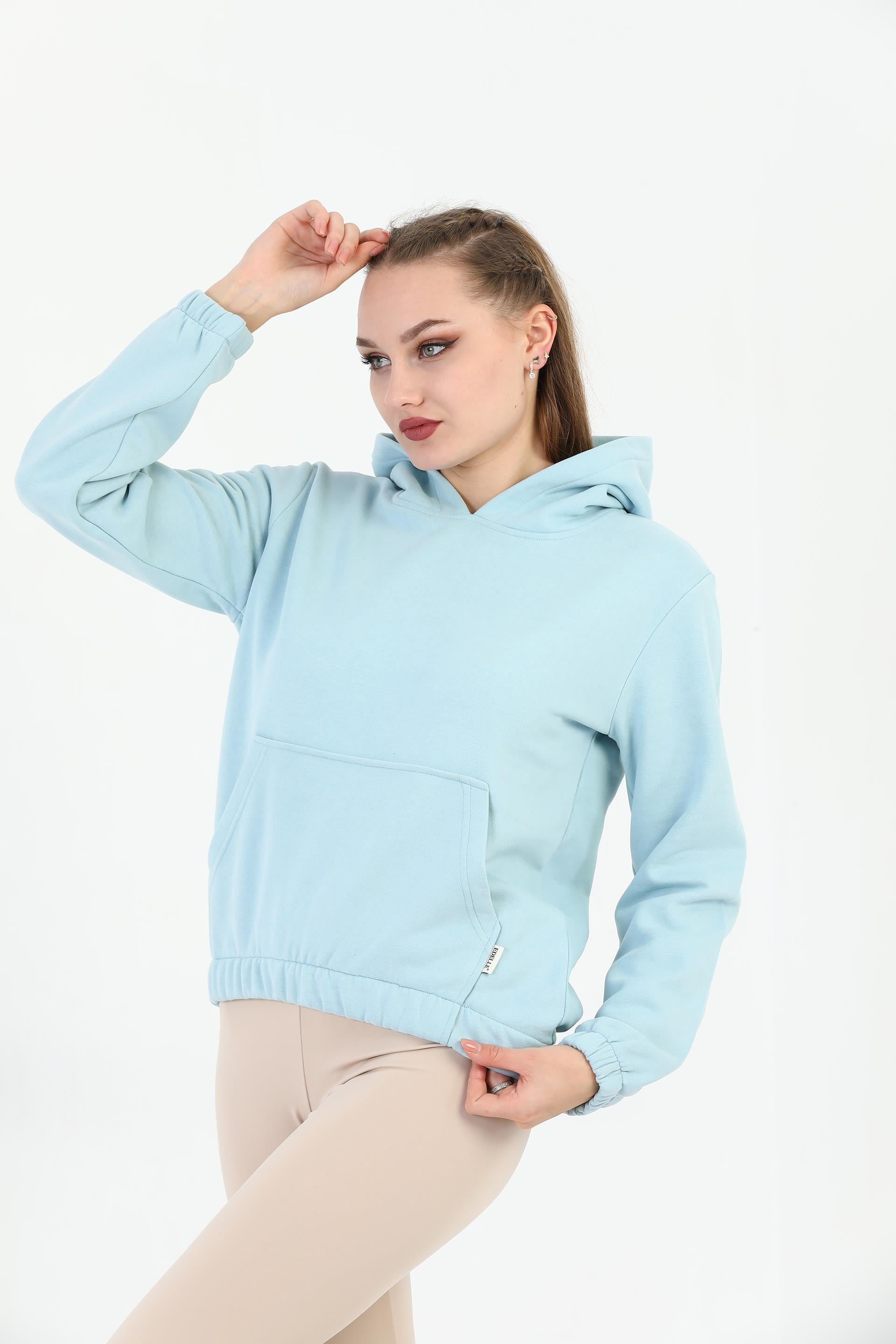 Edelle Kapüşonlu Kanguru Cepli Basic Bebe Mavisi Kadın Sweatshirt
