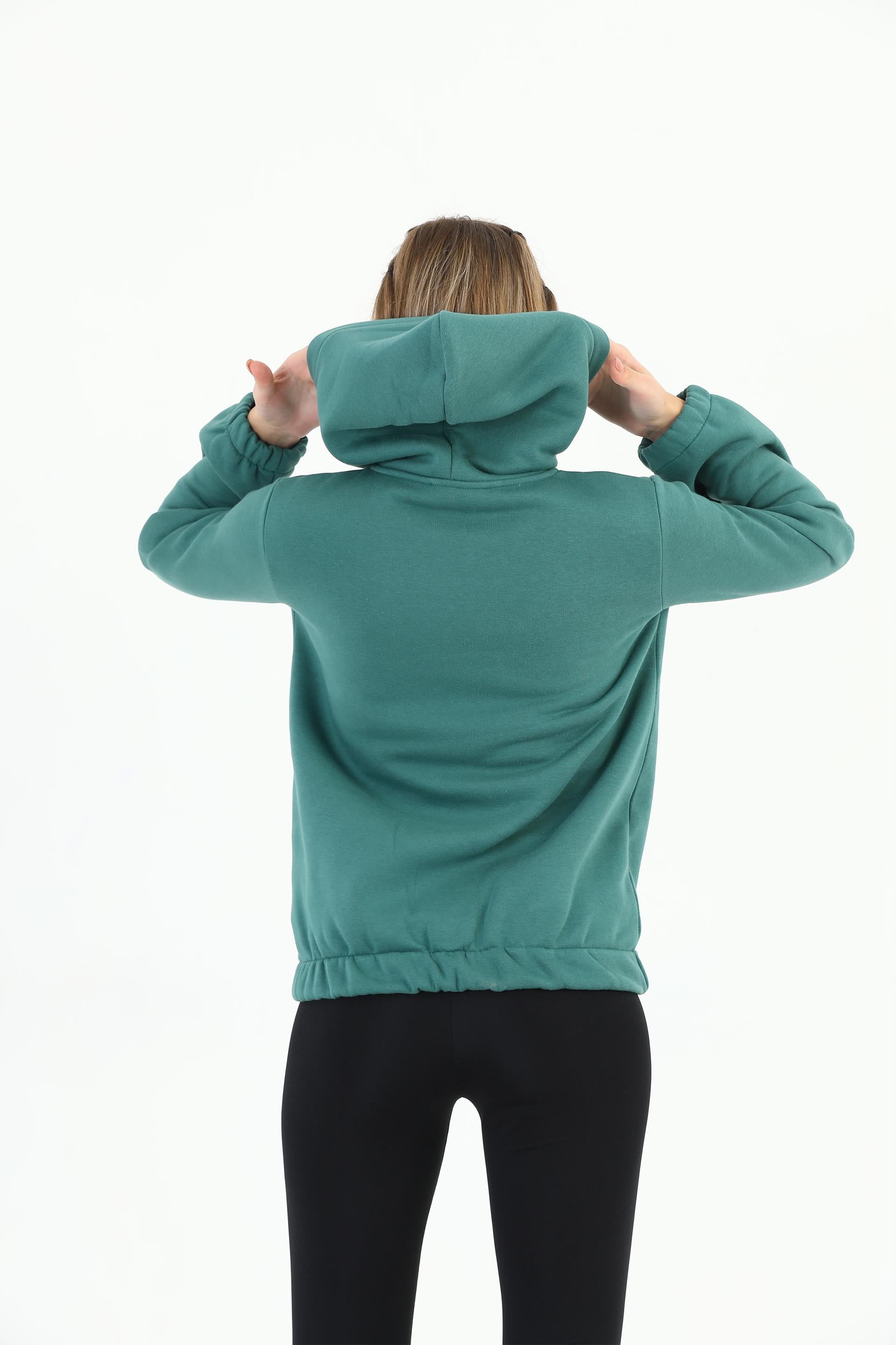Edelle Kapüşonlu Kanguru Cepli Basic Deniz Yeşili Kadın Sweatshirt