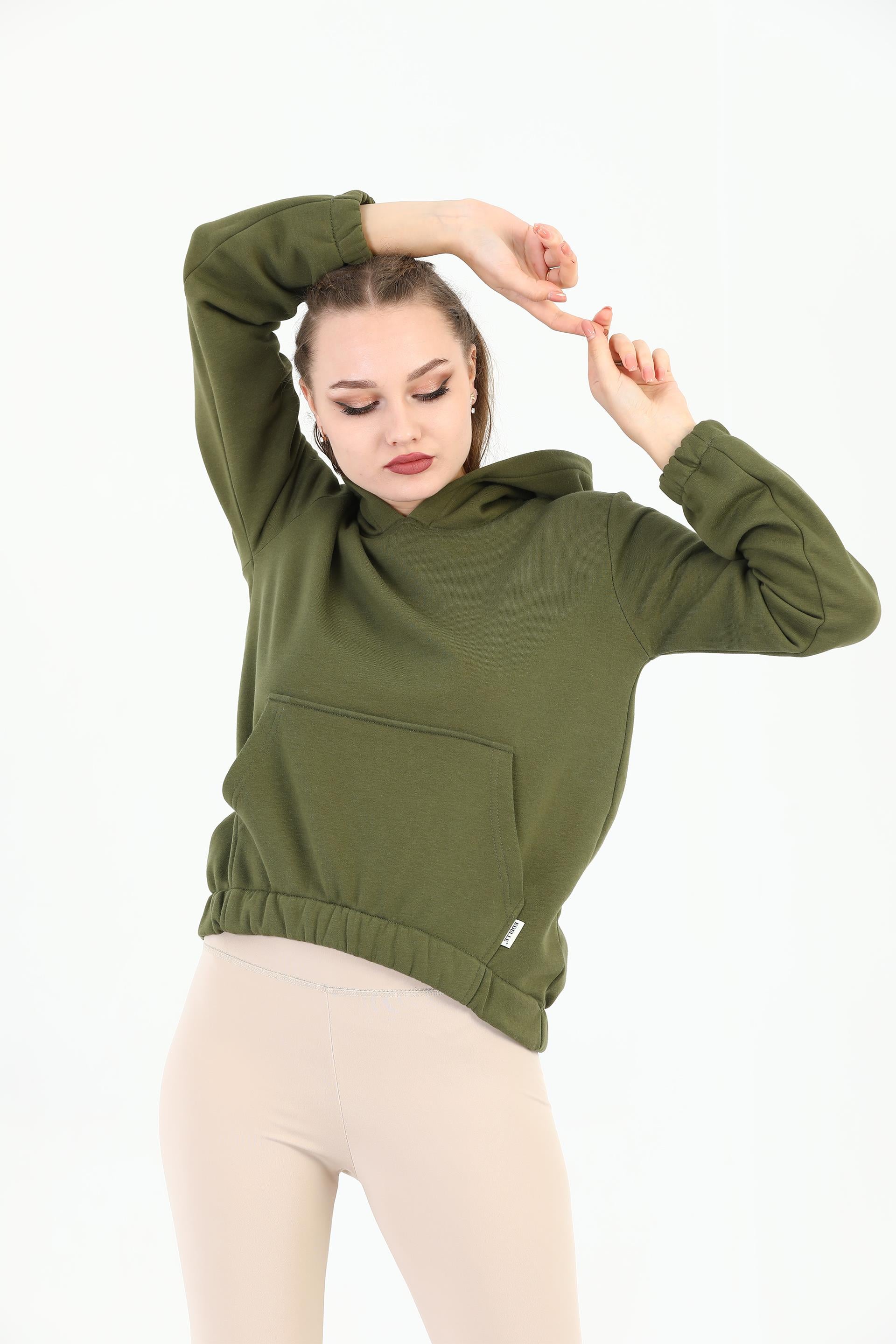 Edelle Kapüşonlu Kanguru Cepli Basic Haki Kadın Sweatshirt