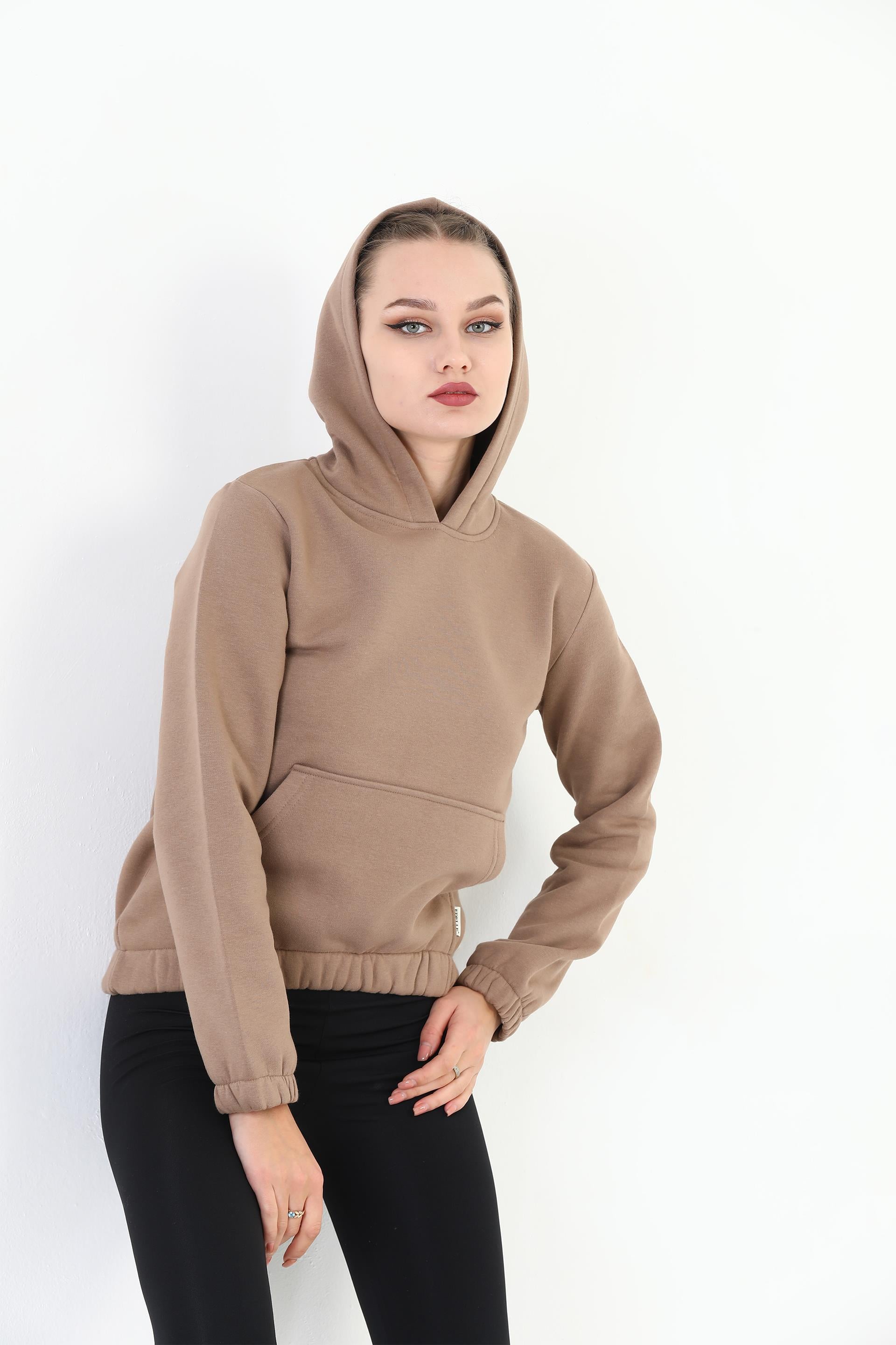 Edelle Kapüşonlu Kanguru Cepli Basic Kahve Kadın Sweatshirt