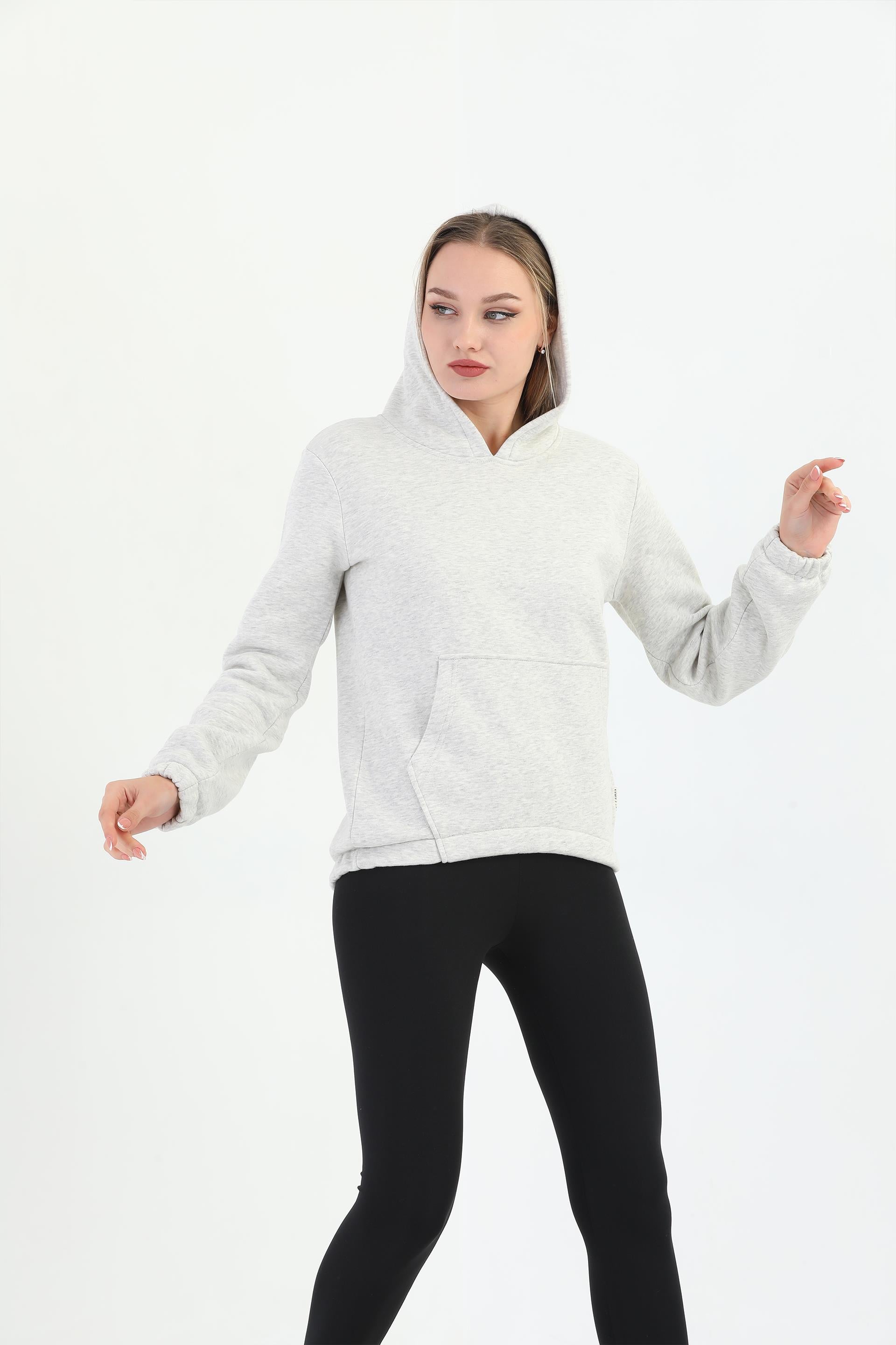 Edelle Kapüşonlu Kanguru Cepli Basic Kar Melanj Kadın Sweatshirt