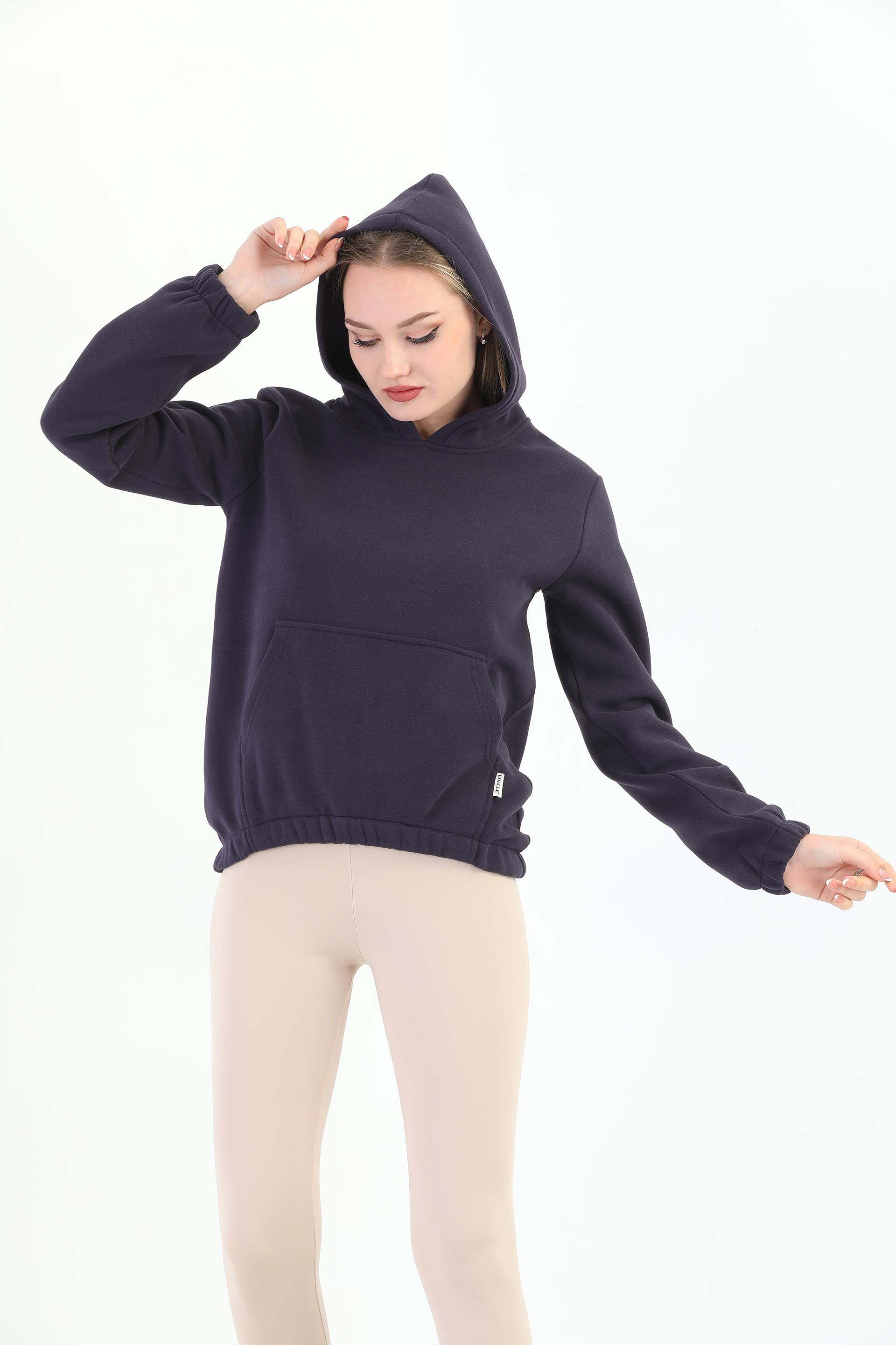 Edelle Kapüşonlu Kanguru Cepli Basic Patlıcan Kadın Sweatshirt