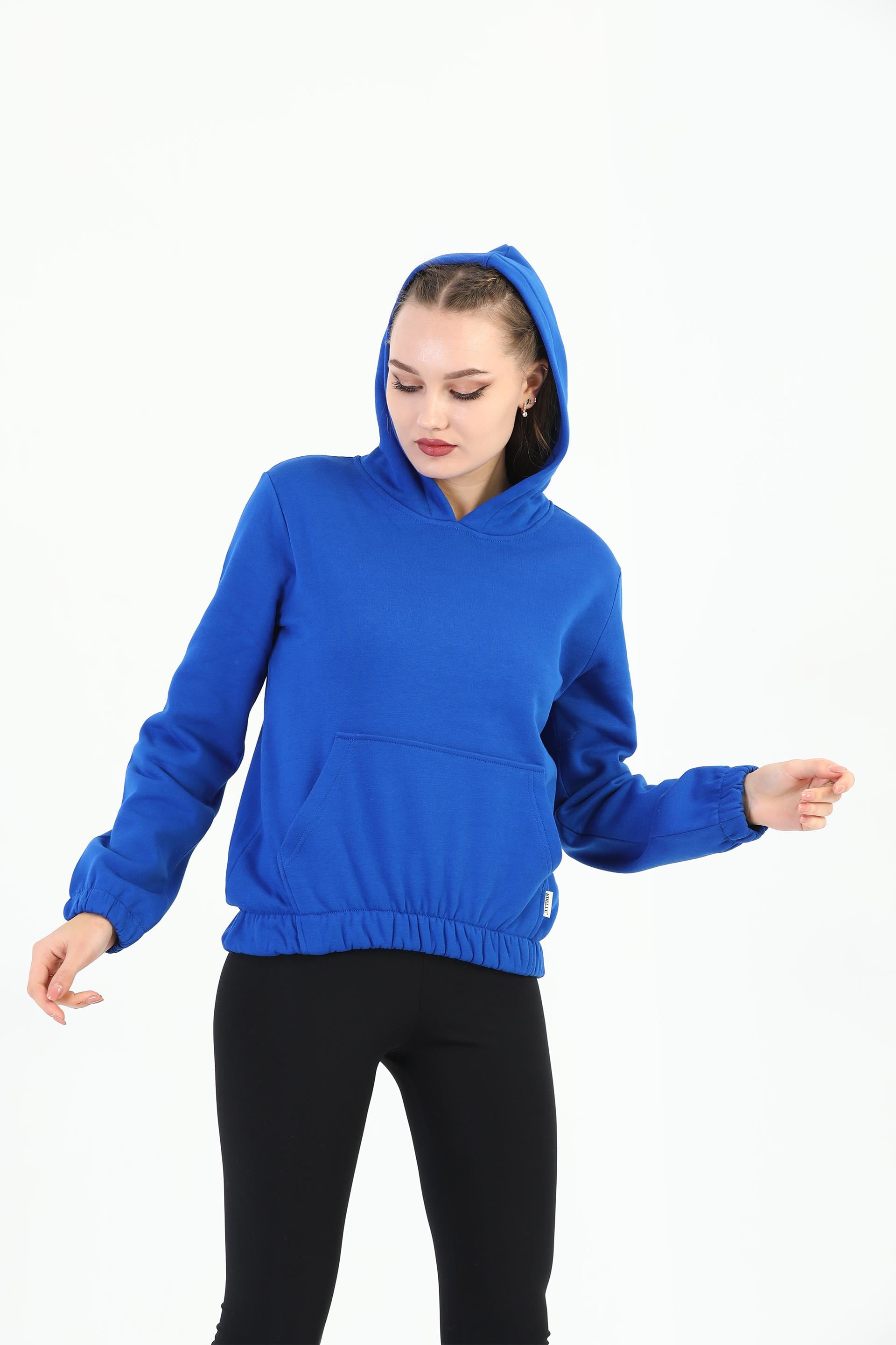 Edelle Kapüşonlu Kanguru Cepli Basic Saks Mavisi Kadın Sweatshirt