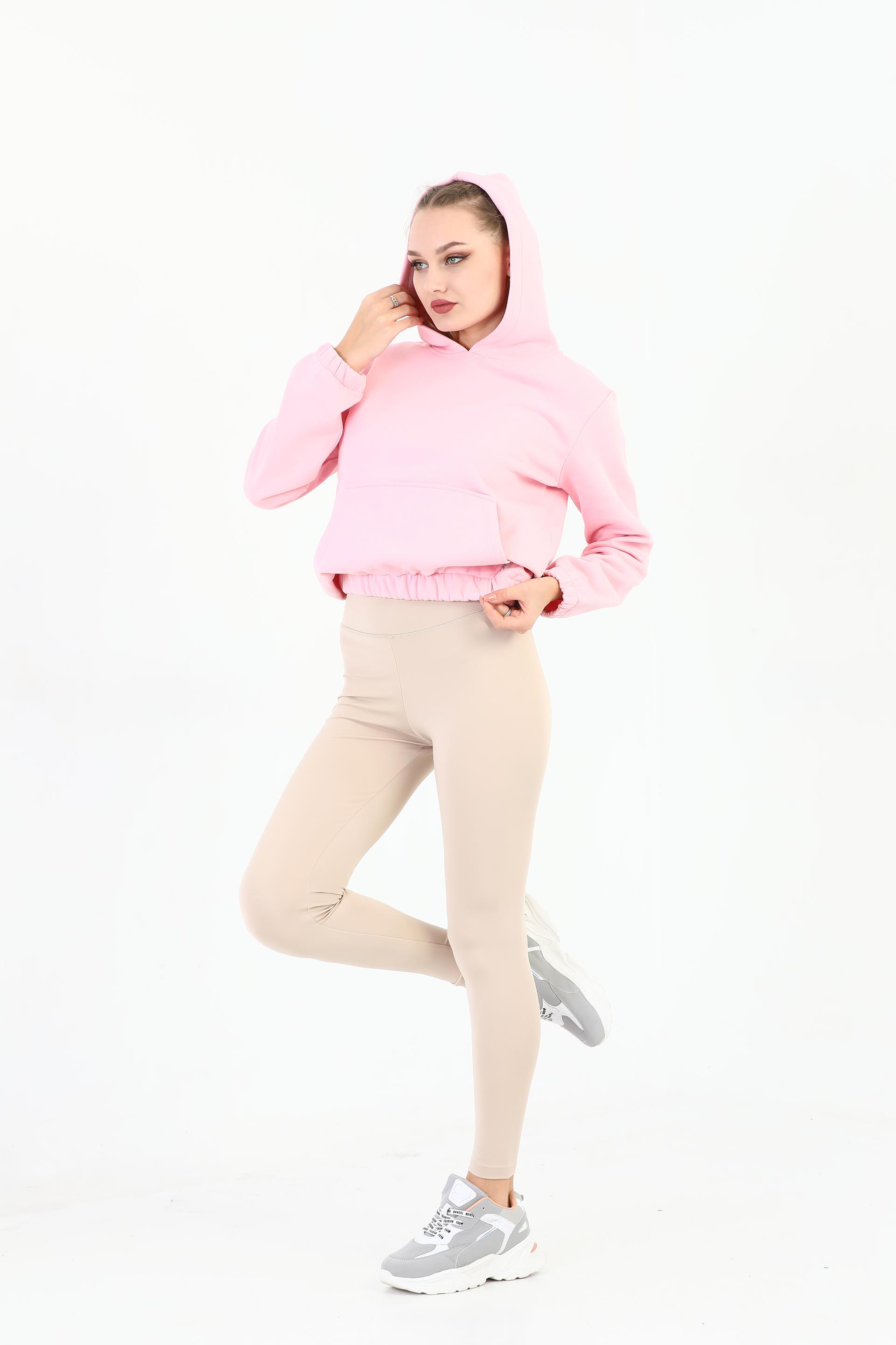 Edelle Kapüşonlu Kanguru Cepli Basic Seker Pembe Kadın Sweatshirt