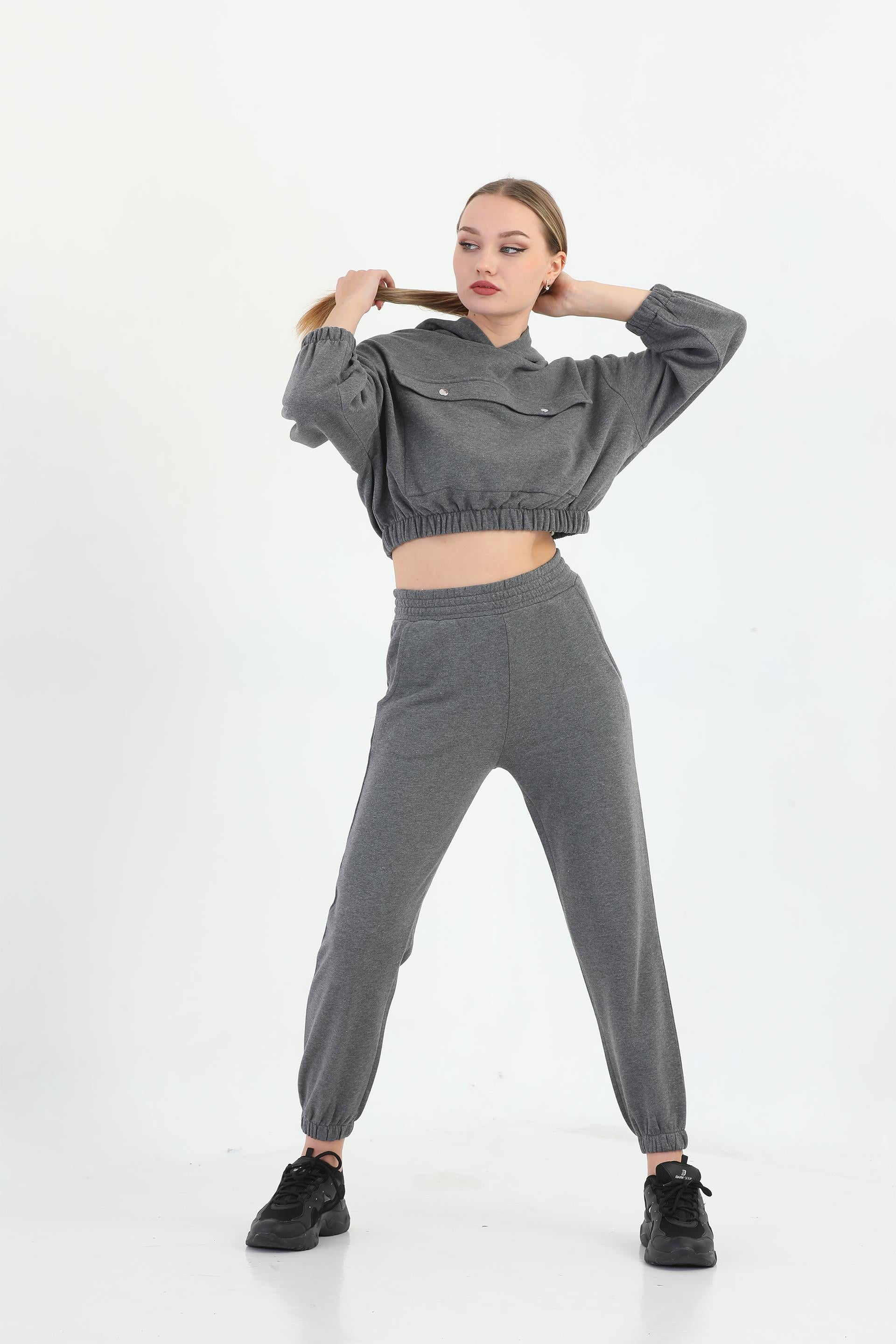 Edelle Kapüşonlu Sweatshirt Antrasit Melanj Eşofman Takımı