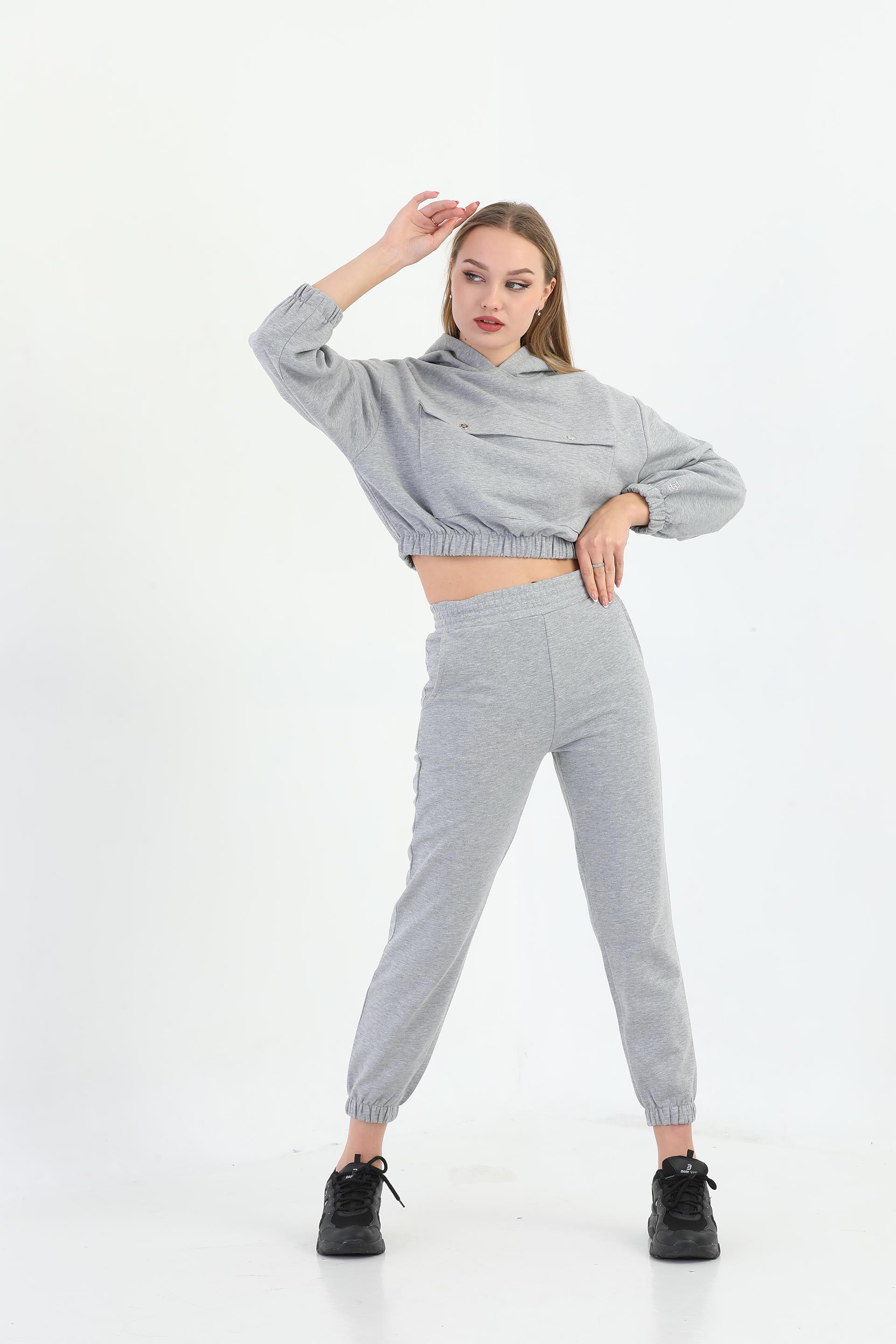 Edelle Kapüşonlu Sweatshirt Gri Melanj Eşofman Takımı