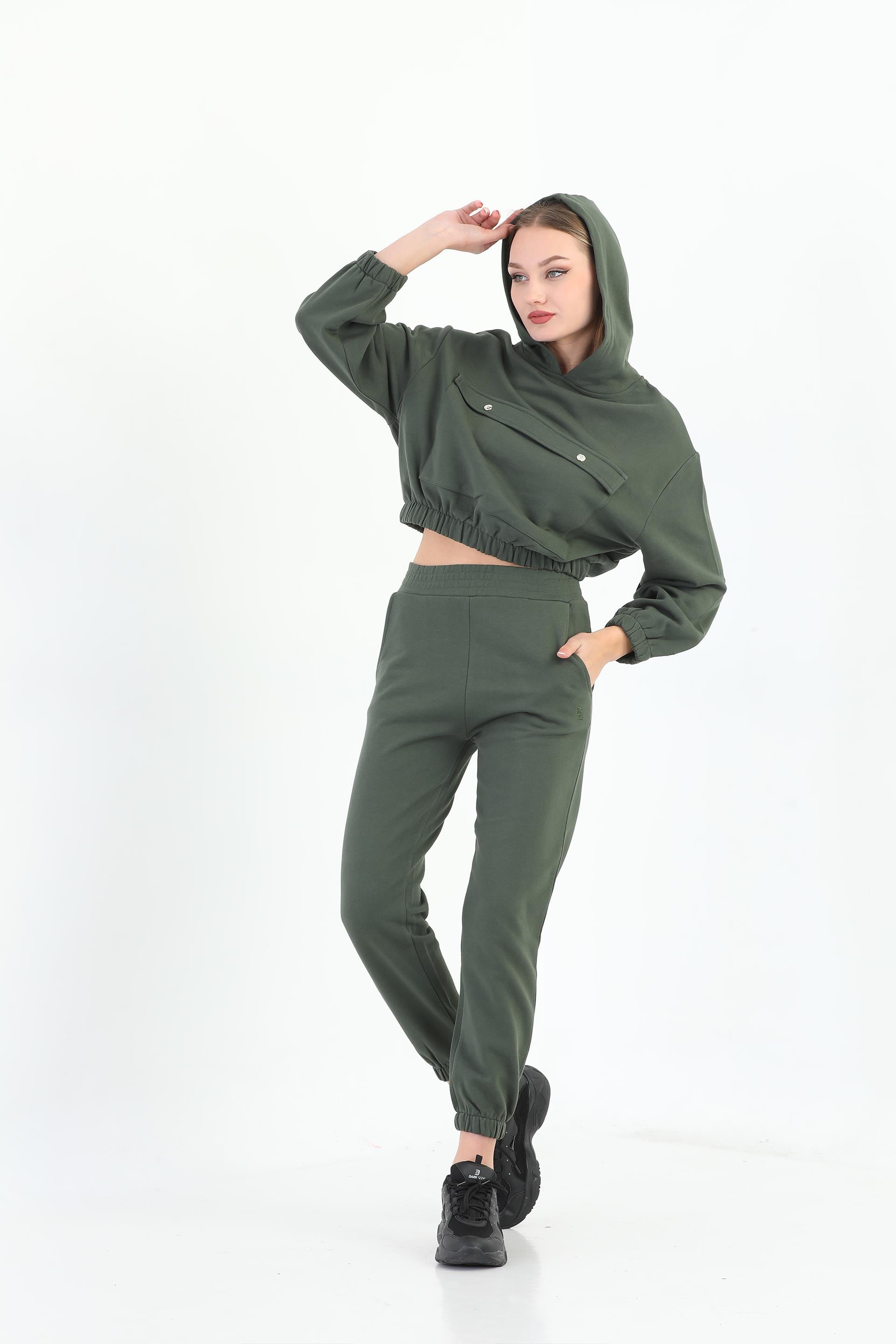 Edelle Kapüşonlu Sweatshirt Haki Eşofman Takımı
