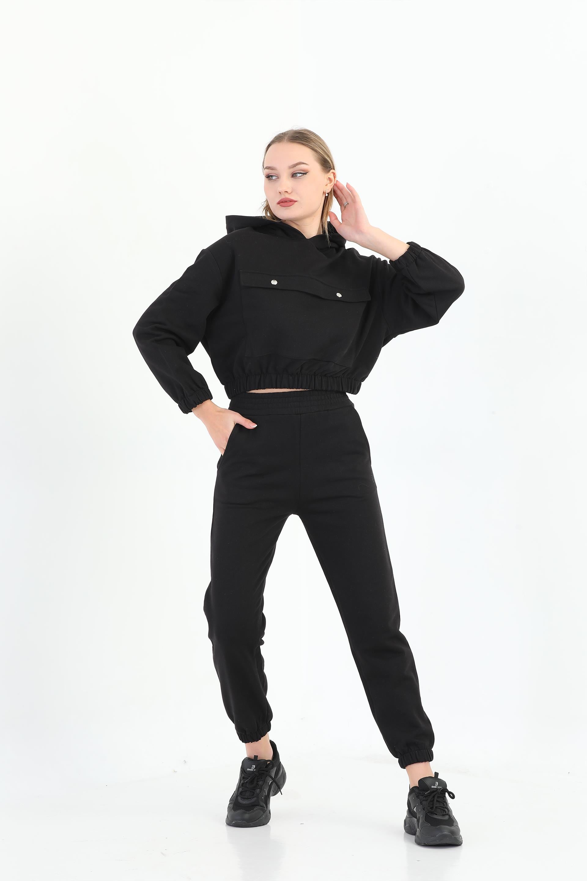 Edelle Kapüşonlu Sweatshirt Siyah Eşofman Takımı