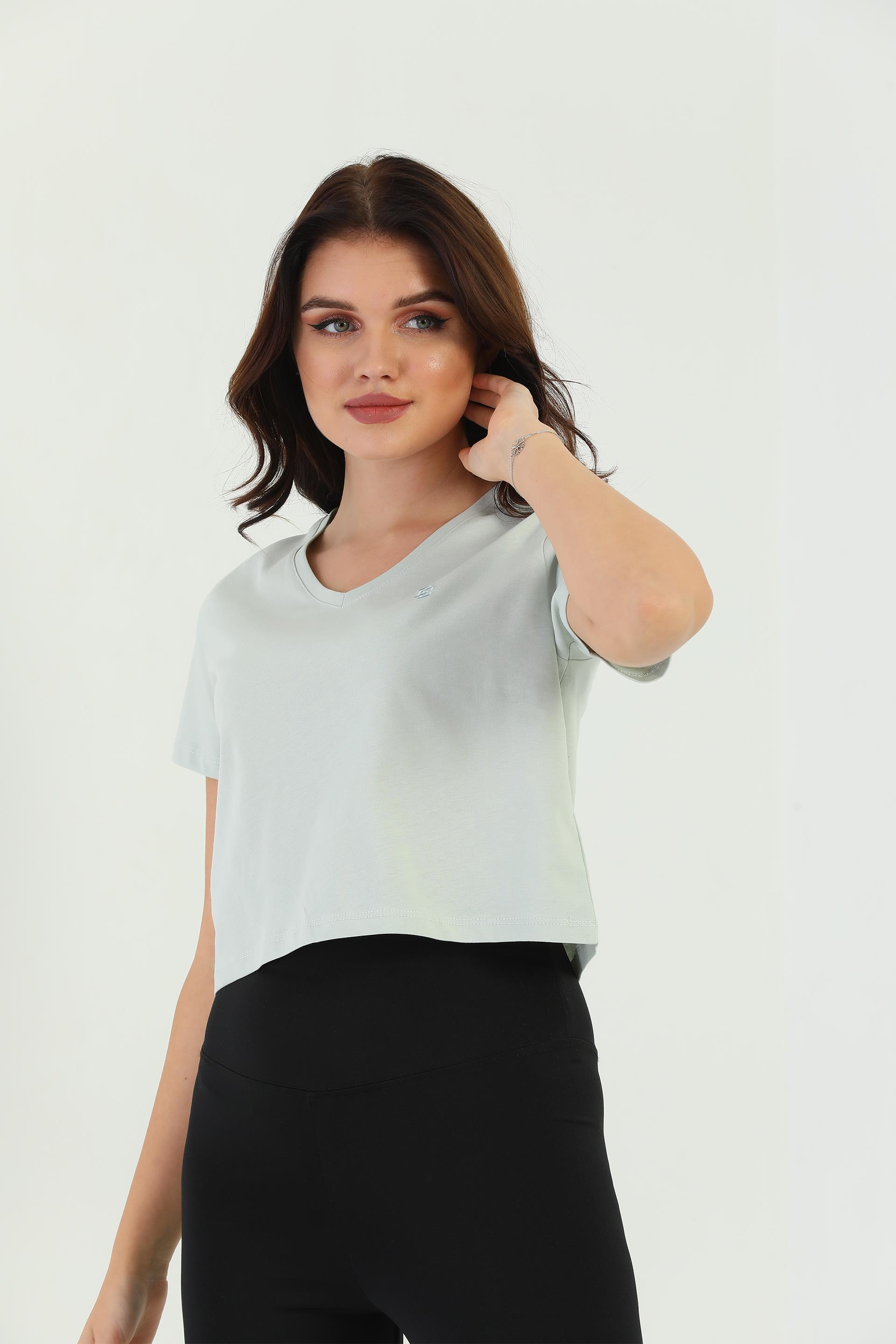 Edelle Mint Crop V-Yaka Kadın Tişört
