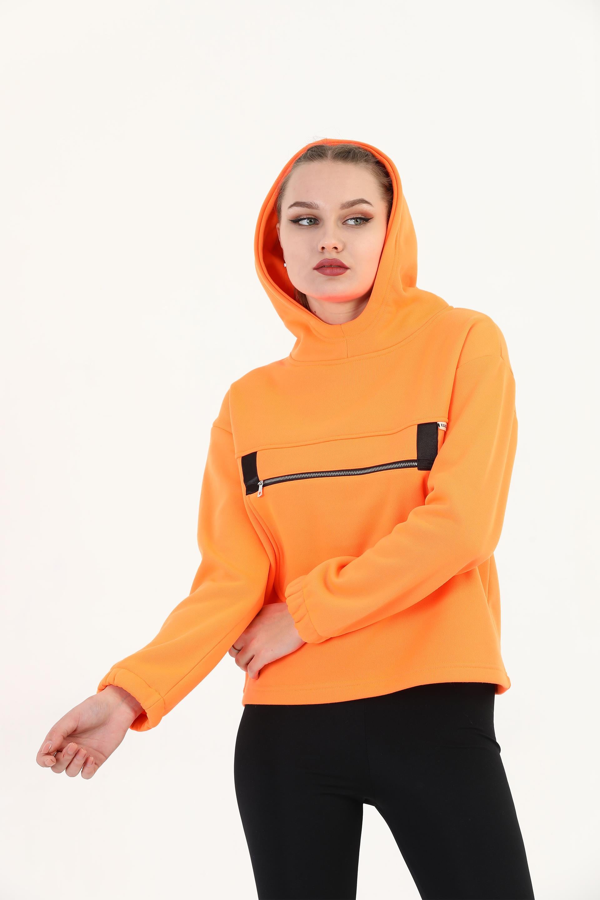 Edelle Oranj Kapüşonlu Kanguru Cepli Regular Fit Kadın Sweatshirt
