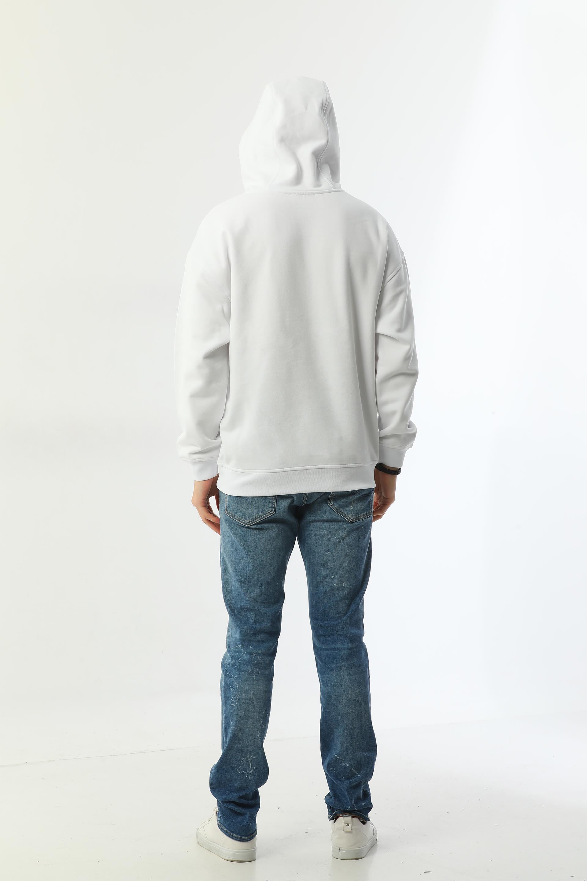 Edelle Organik Kanguru Cepli Kapüşonlu Beyaz Erkek Sweatshirt