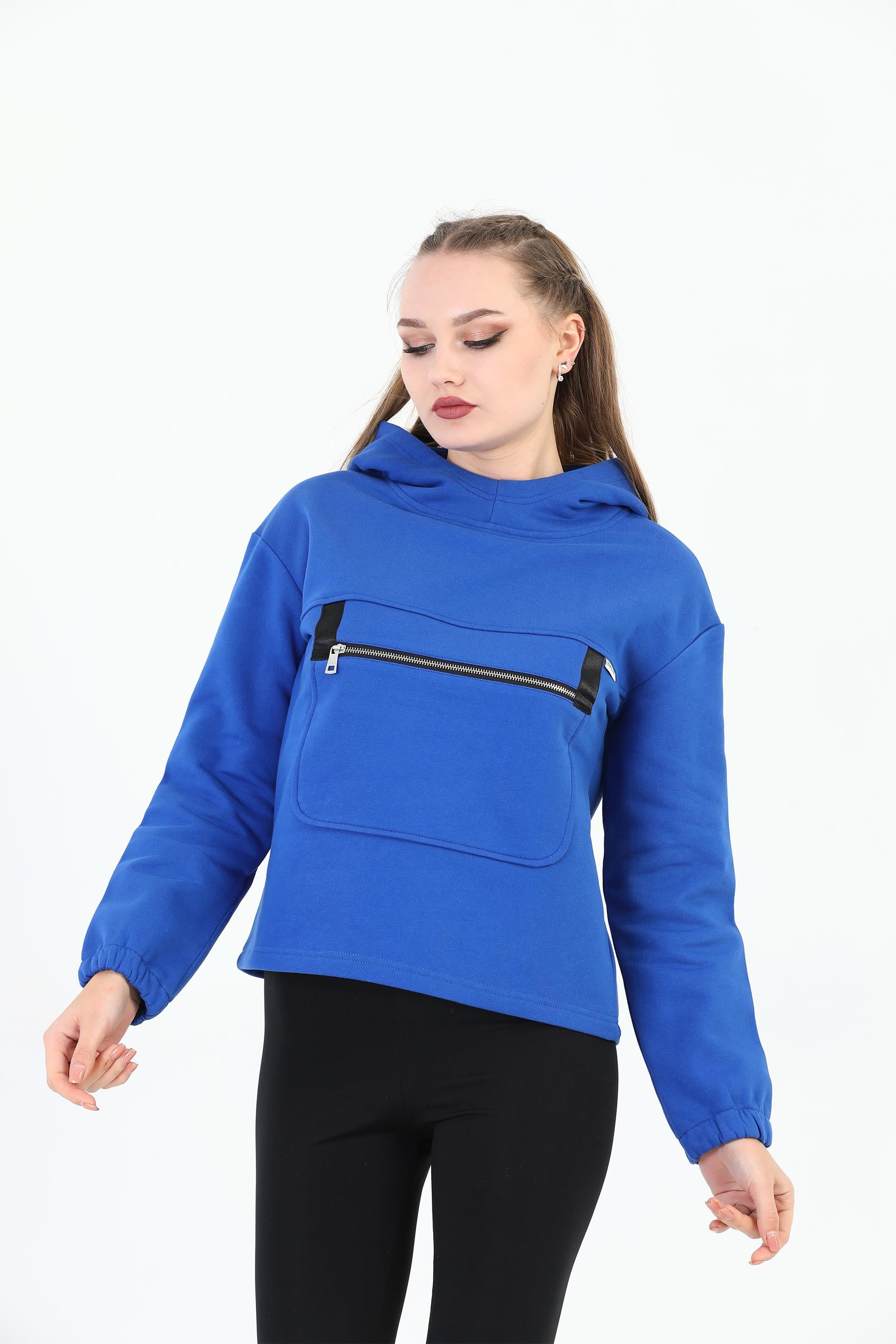 Edelle Saks mavisi Kapüşonlu Kanguru Cepli Regular Fit Kadın Sweatshirt