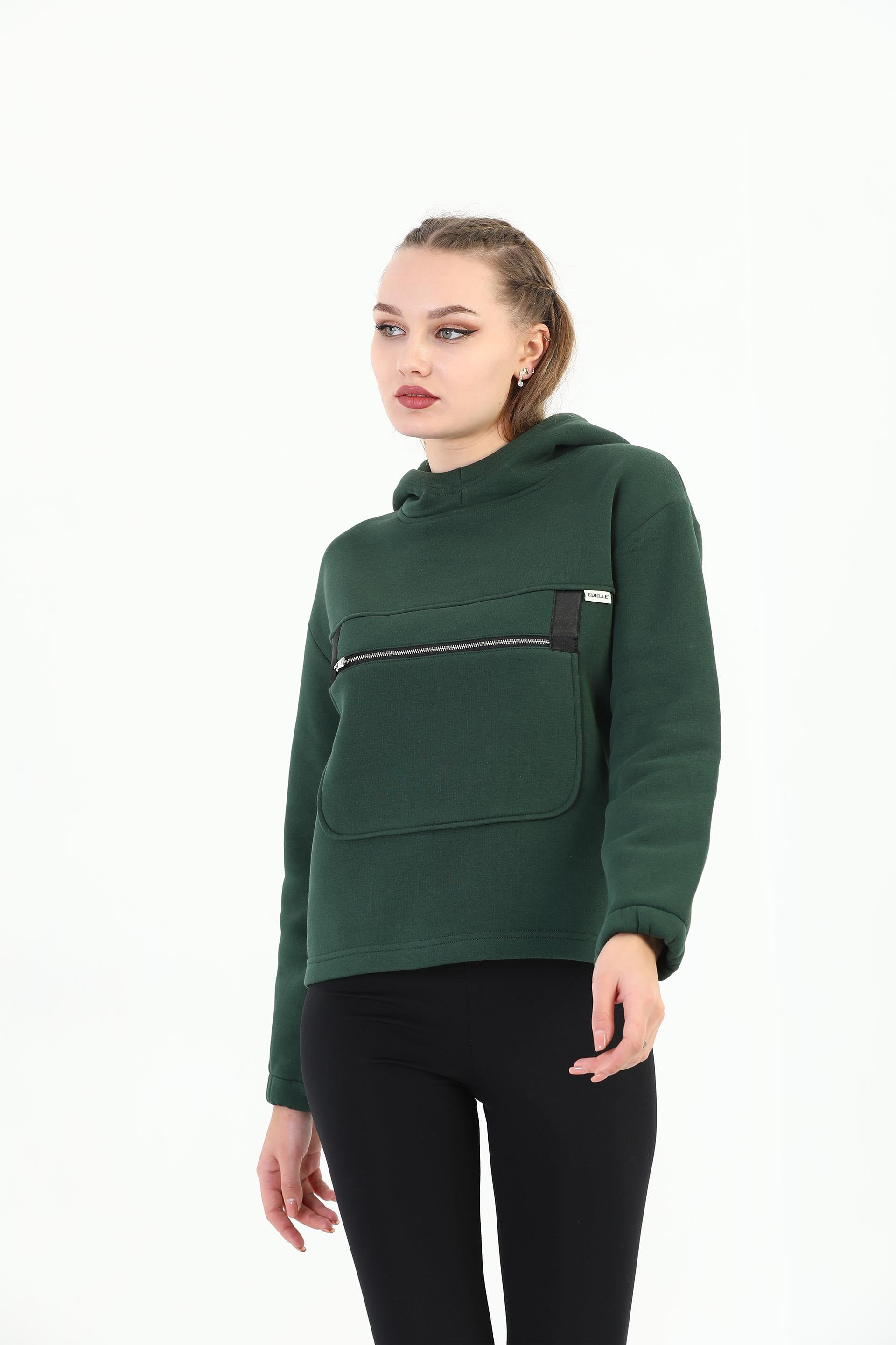 Edelle Yeşil Kapüşonlu Kanguru Cepli Regular Fit Kadın Sweatshirt