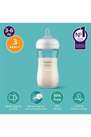Doğal Tepkili Cam Biberon 240ml 3-6 Ay