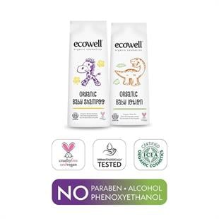Ecowell Bebek Saç & Vücut Şampuanı + Nemlendirici Yüz & Vücut Losyonu, Organik & Vegan Sertifikalı 