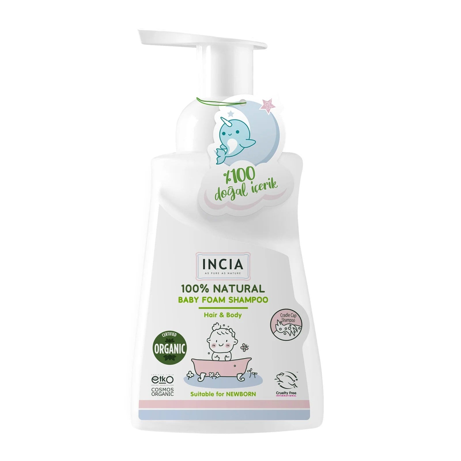 INCIA %100 Doğal Organik Sertifikalı Bebek Köpük Şampuanı Saç Vücut Lavanta Konak Önleyici Yenidoğan 200ml