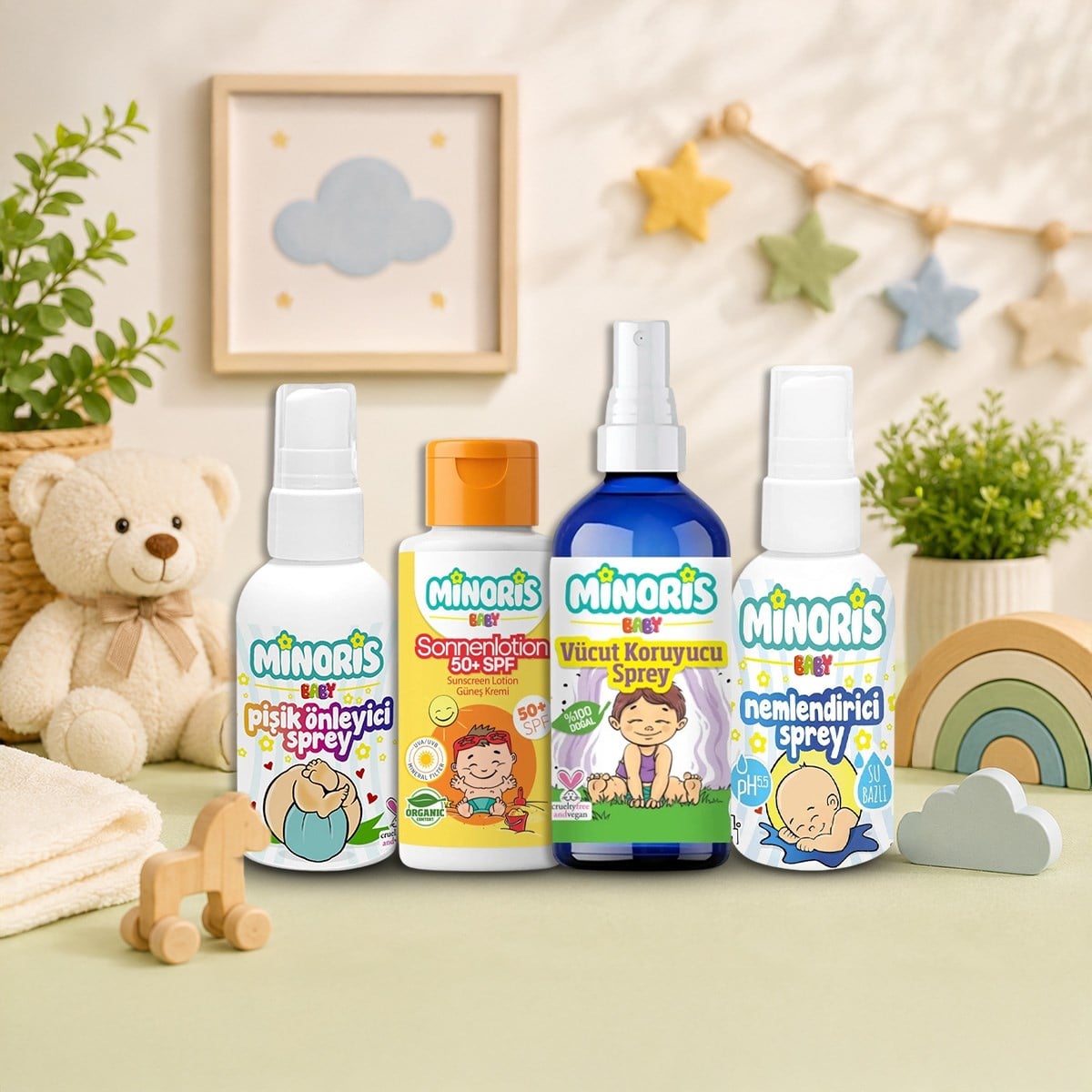 Minoris Baby 4'lü Paket Su Bazlı Nemlendirici ve Baby Pişik Önleyici Sprey, Vücut Koruyucu Sprey, Organik Bebek Güneş Kremi 50 SPF, Nemlendirici 