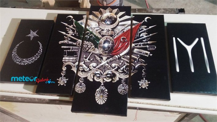 Kayı Boyu Bayrağı ve Osmanlı Devlet Arması 5 Parça Kanvas Tablo
